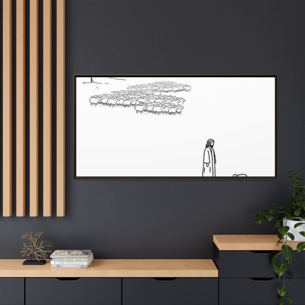 Framed Matte Canvas Print — Minimal The Good Shepherd & Flock Line Art