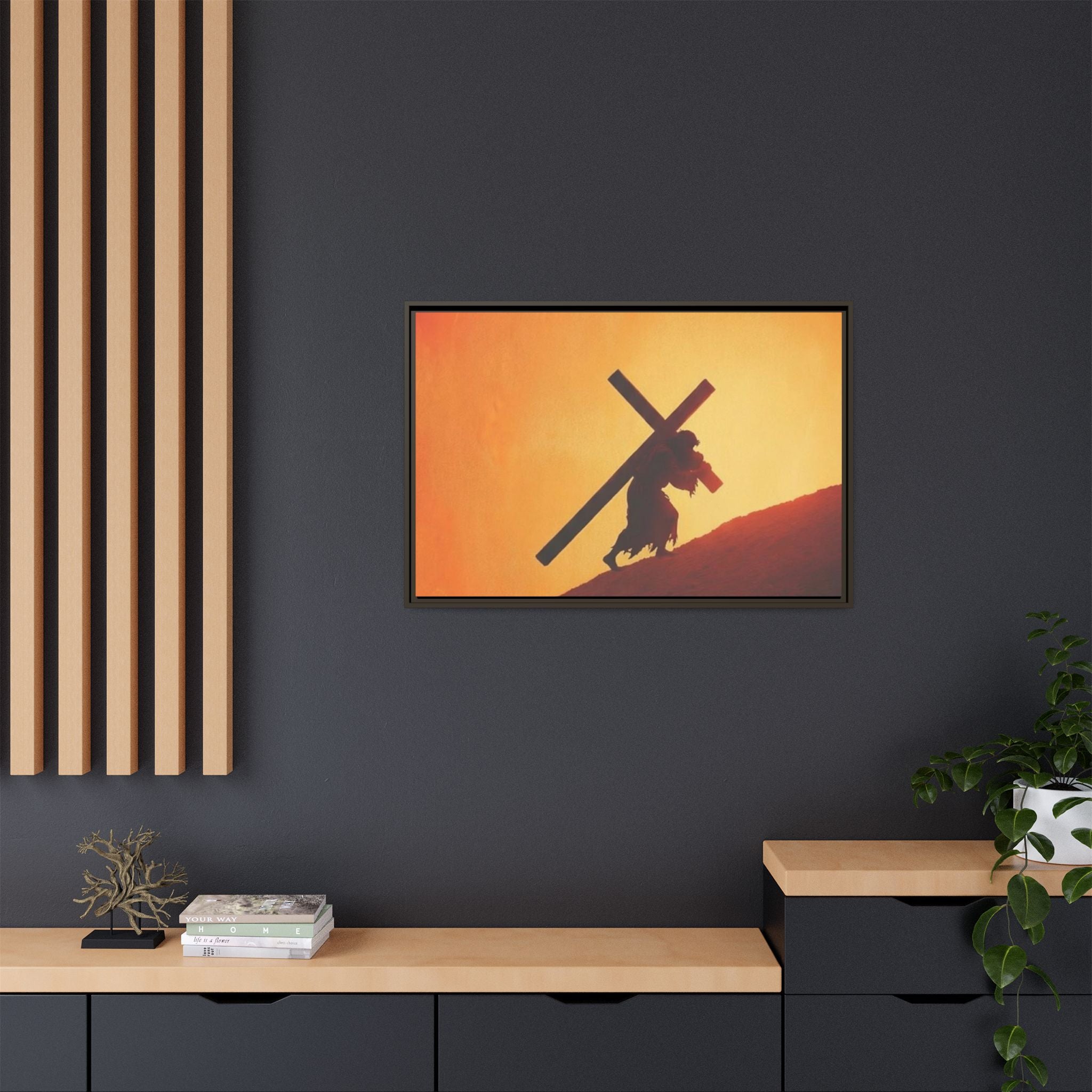 Jesus Christ Carrying Cross Framed Canvas — 'The World On His Shoulder' Sunset Art