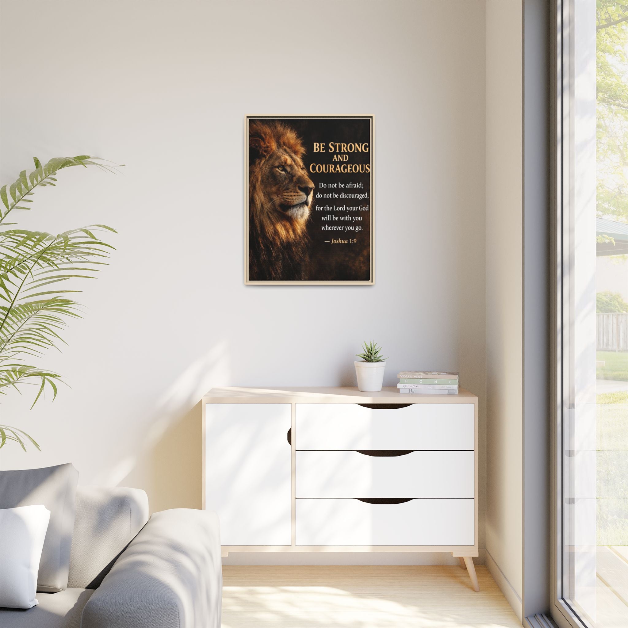 Framed Lion Canvas Print - "Be Strong and Courageous" Joshua 1:9 Inspirational Wall Art