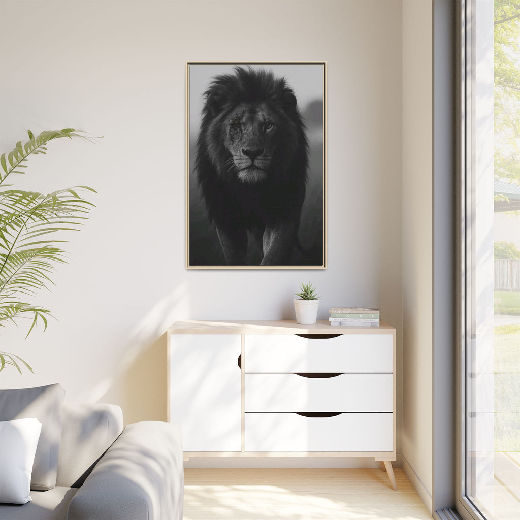 Framed Matte Canvas Lion Wall Art – Black & White Majestic Lion Print