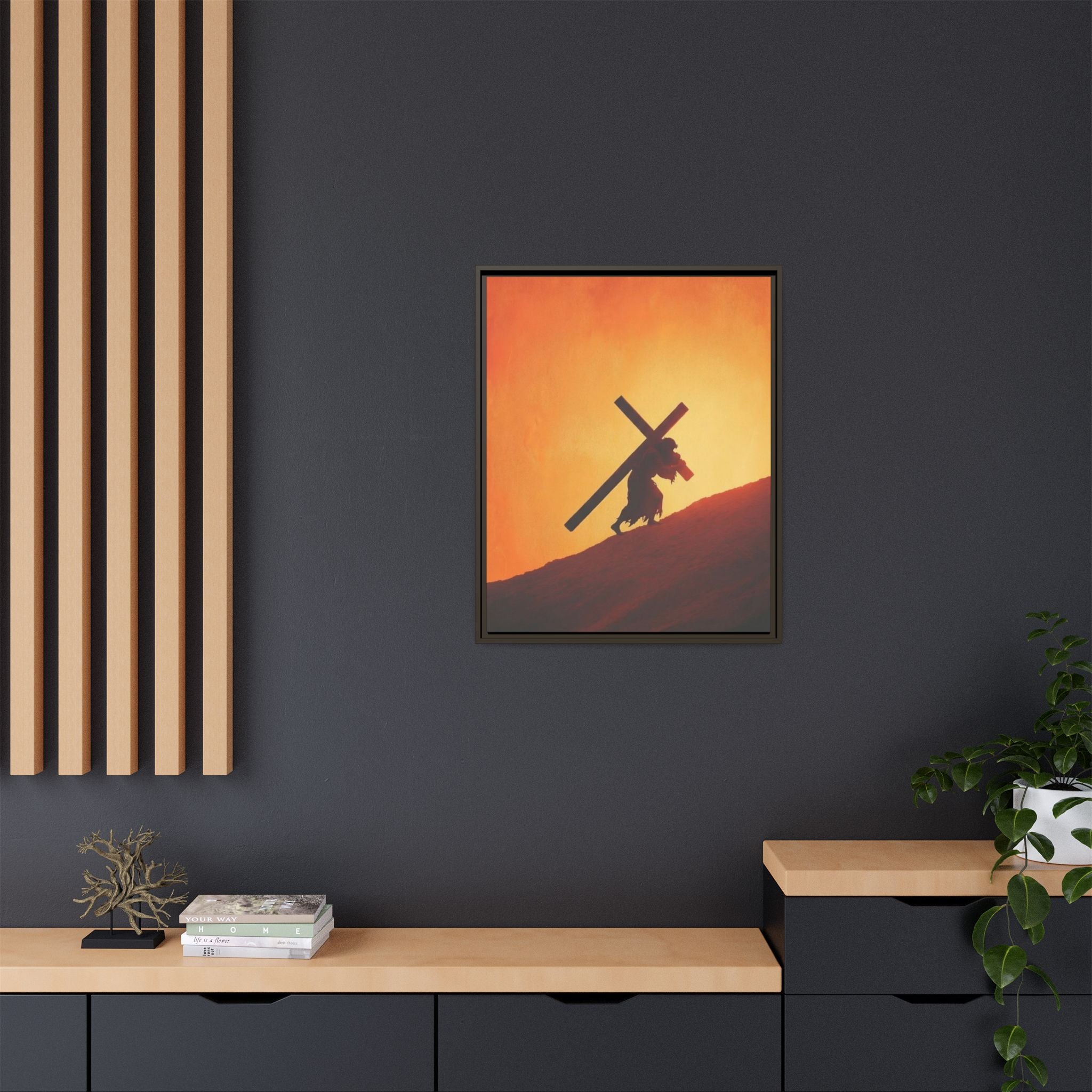 Jesus Christ Carrying Cross Framed Canvas — 'The World On His Shoulder' Sunset Art