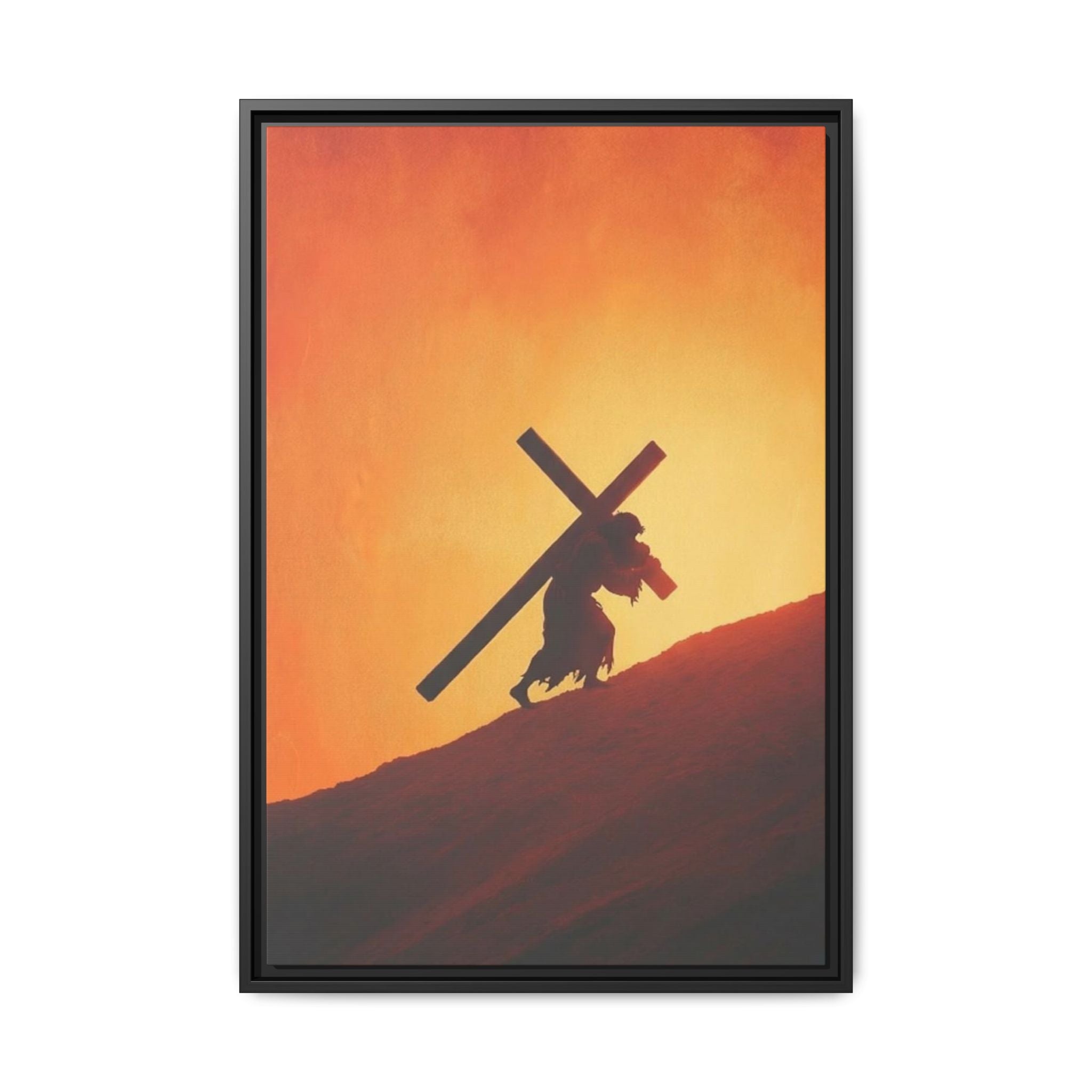 Jesus Christ Carrying Cross Framed Canvas — 'The World On His Shoulder' Sunset Art