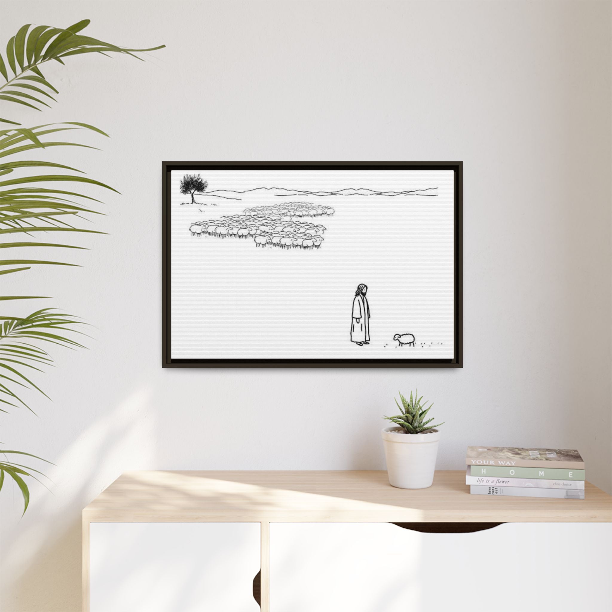 Framed Matte Canvas Print — Minimal The Good Shepherd & Flock Line Art