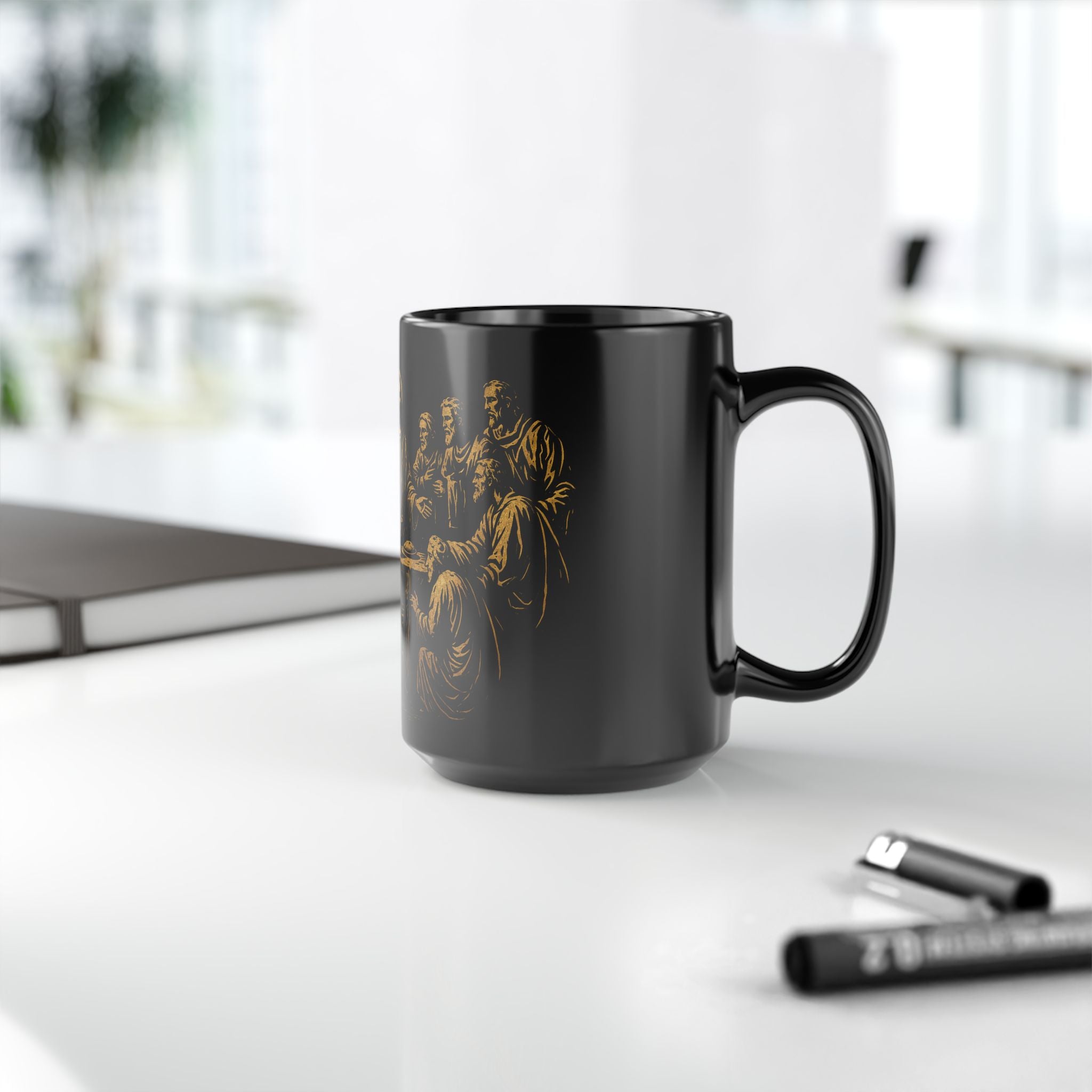 The Last Supper Black Ceramic Mug — Gold Religious Coffee Cup (11oz/15oz)