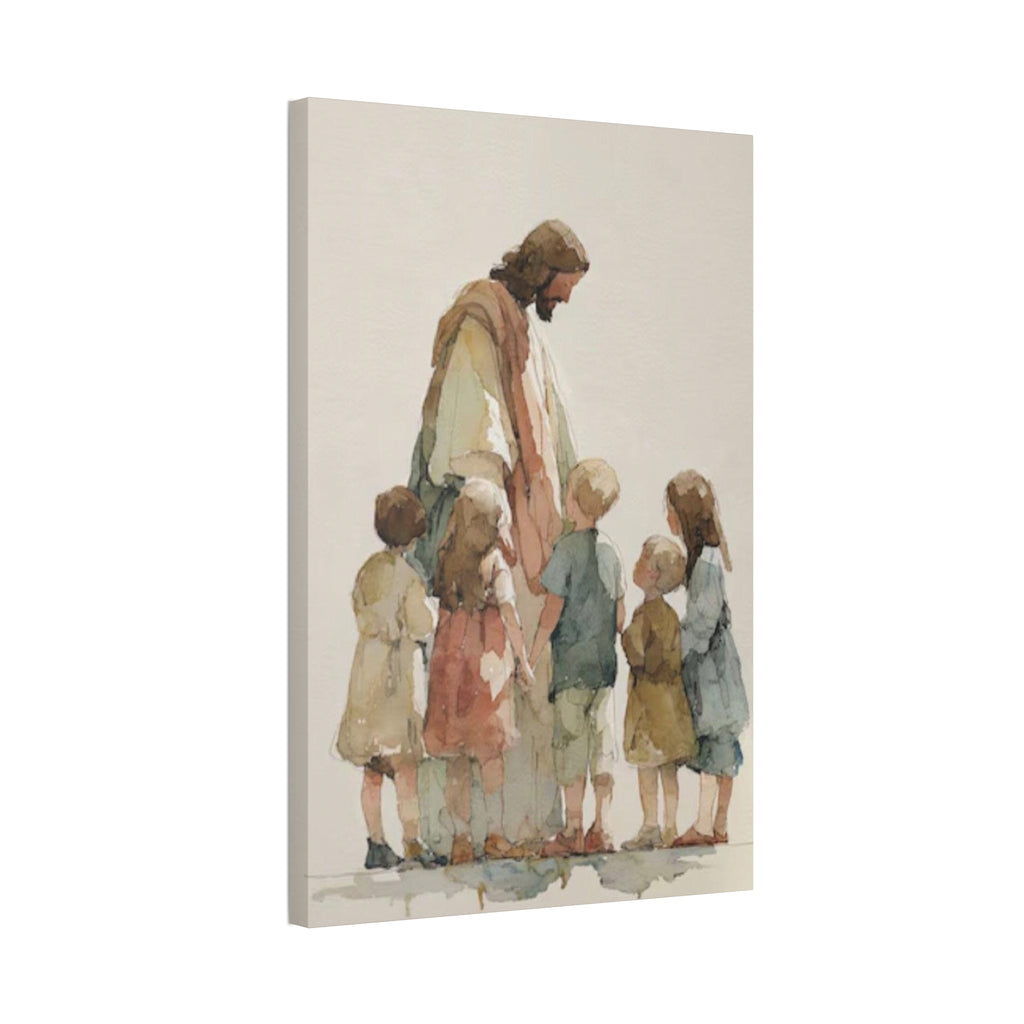 Faithful Father and Children Watercolor Canvas Print — Religious Nursery Wall Art
