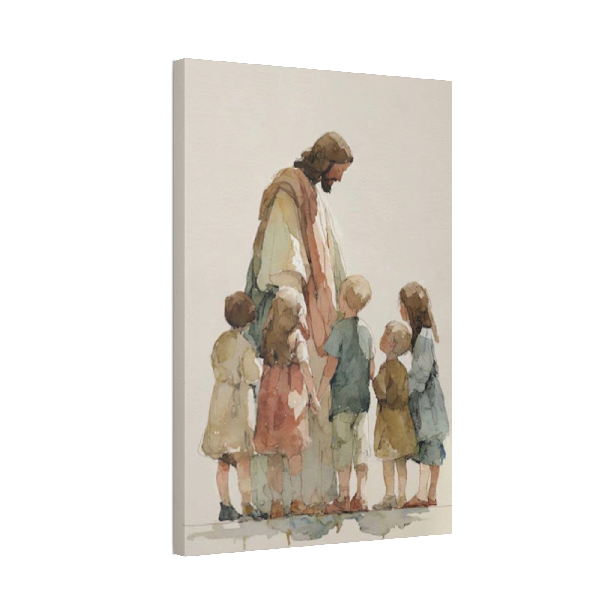 Faithful Father and Children Watercolor Canvas Print — Religious Nursery Wall Art
