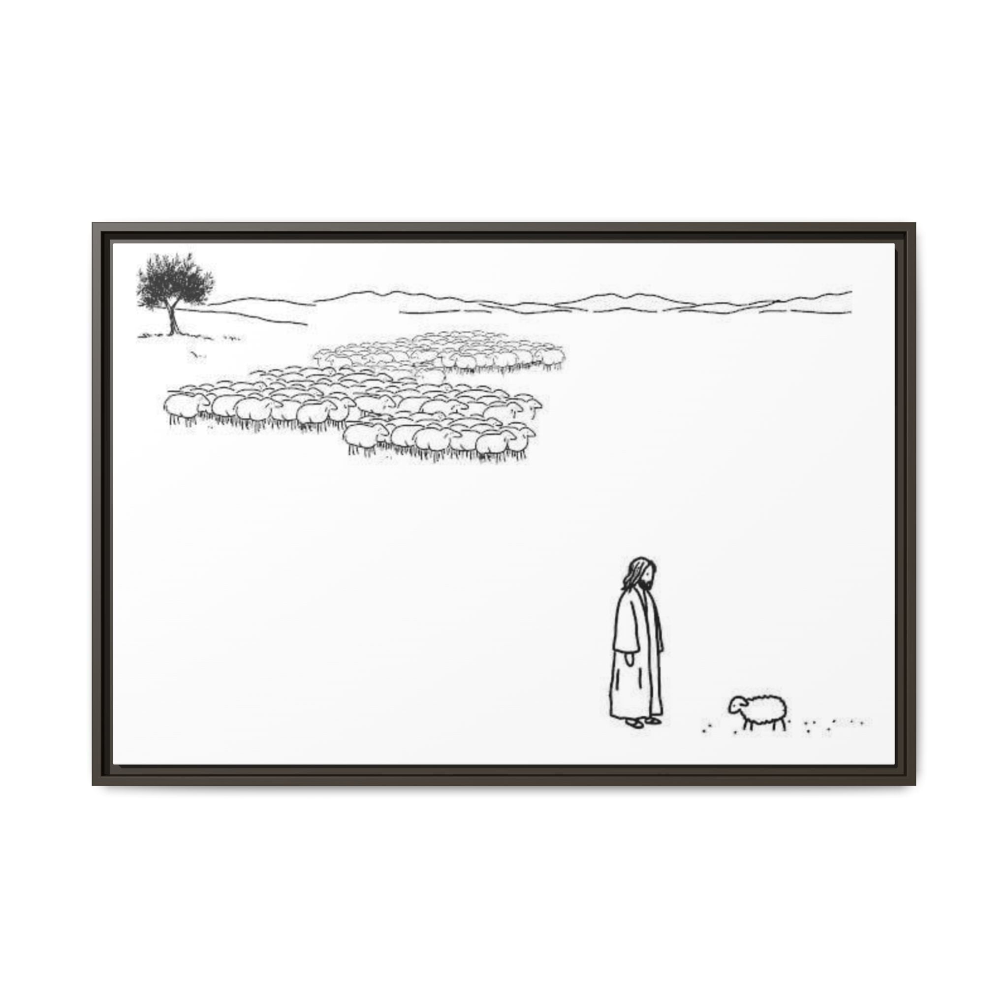 Framed Matte Canvas Print — Minimal The Good Shepherd & Flock Line Art