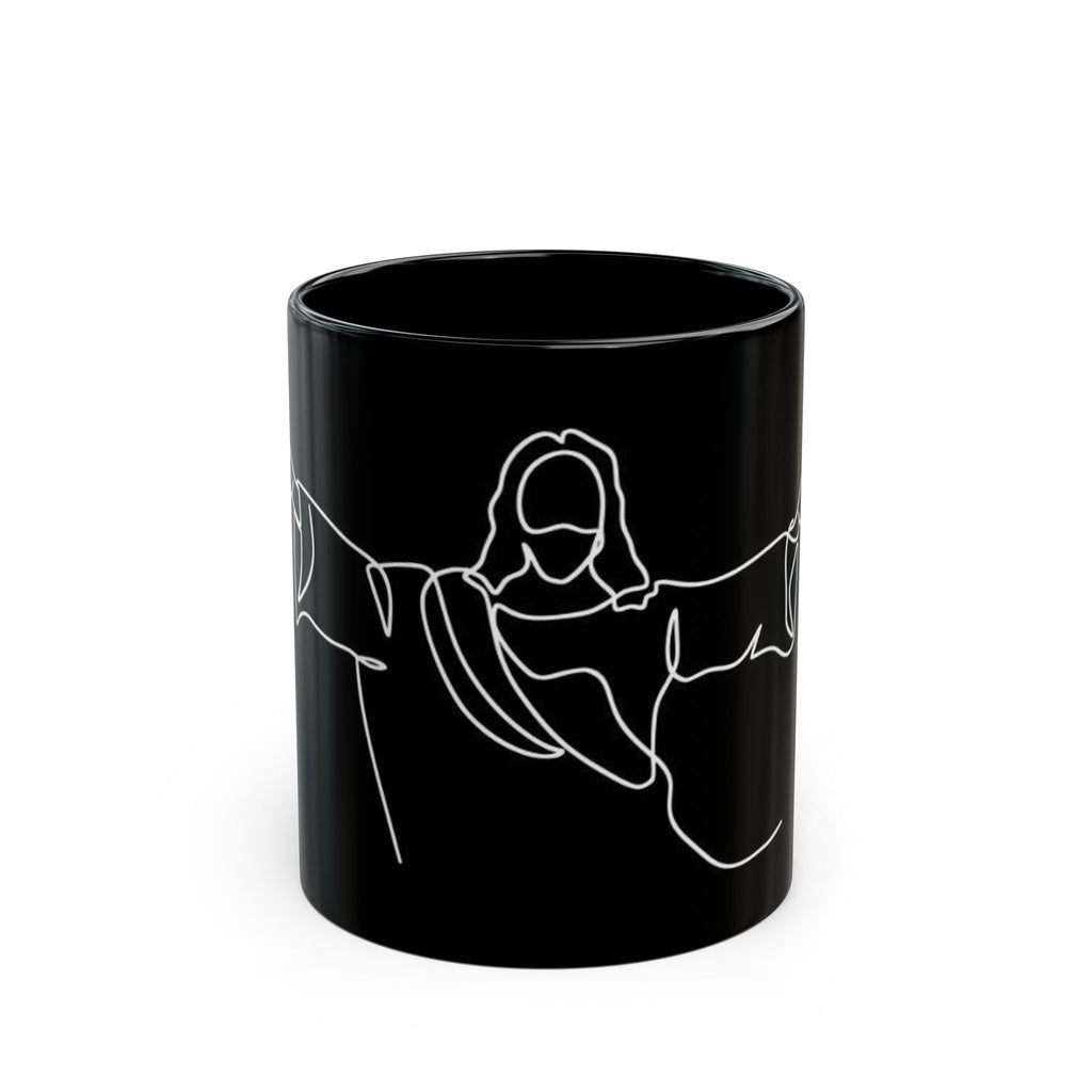 Jesus Line Art Black Ceramic Mug (11oz/15oz) — Minimal Christian Coffee Cup