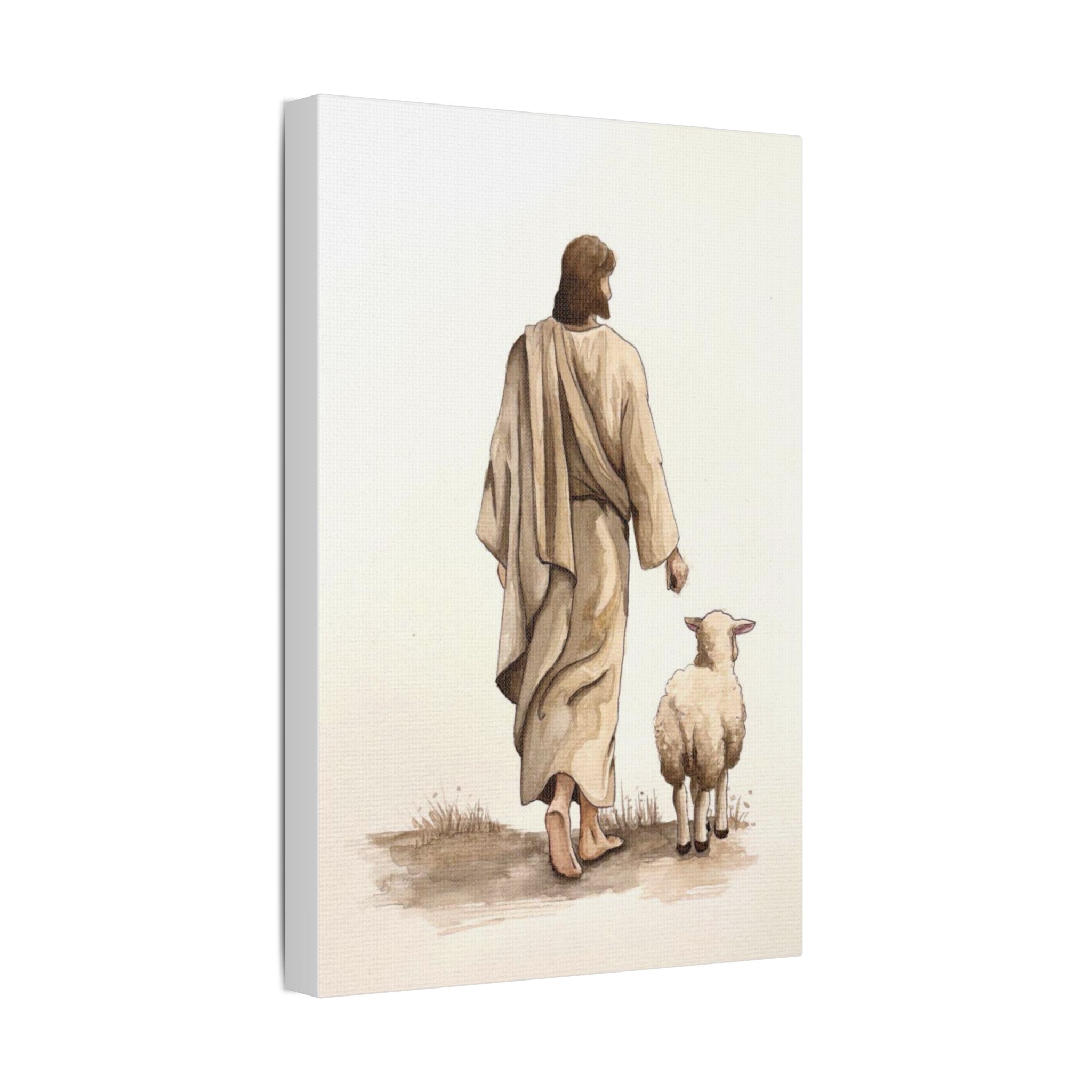 Jesus with Lamb Satin Canvas Wall Art – Christian Religious Stretched Canvas