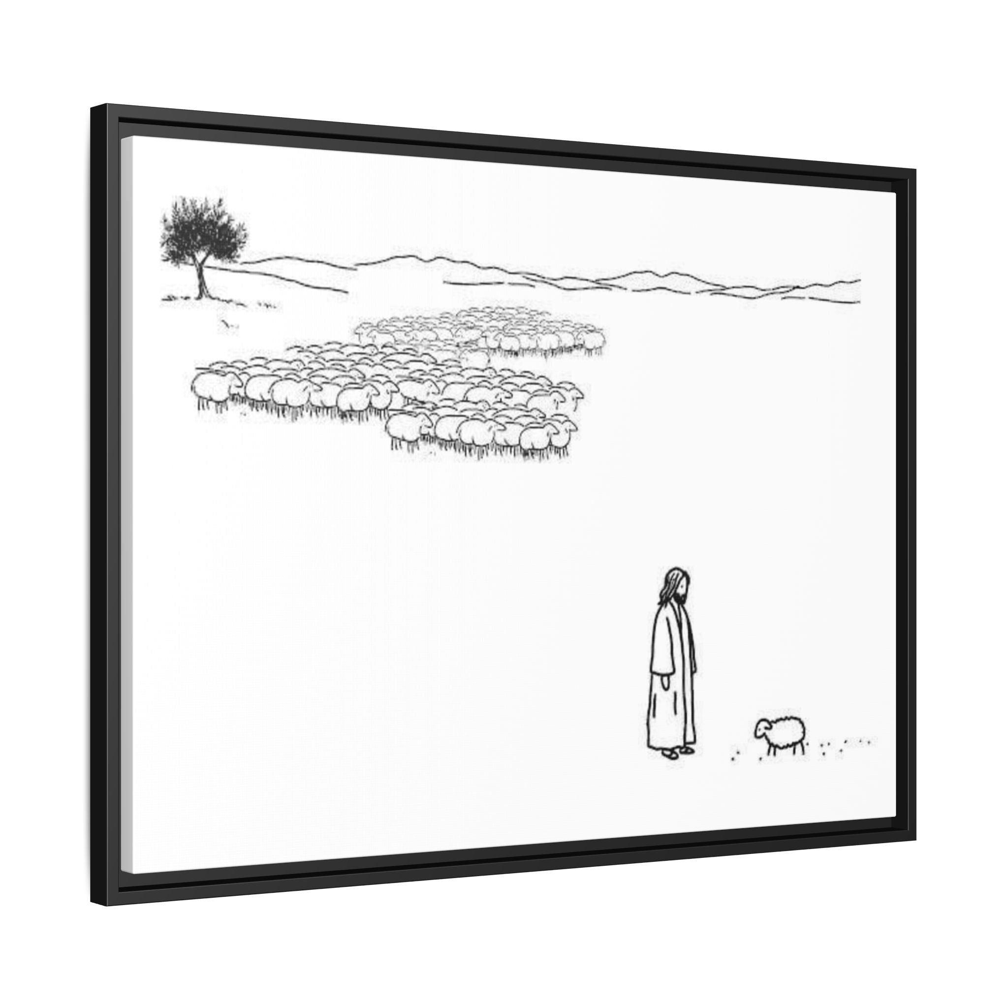 Framed Matte Canvas Print — Minimal The Good Shepherd & Flock Line Art