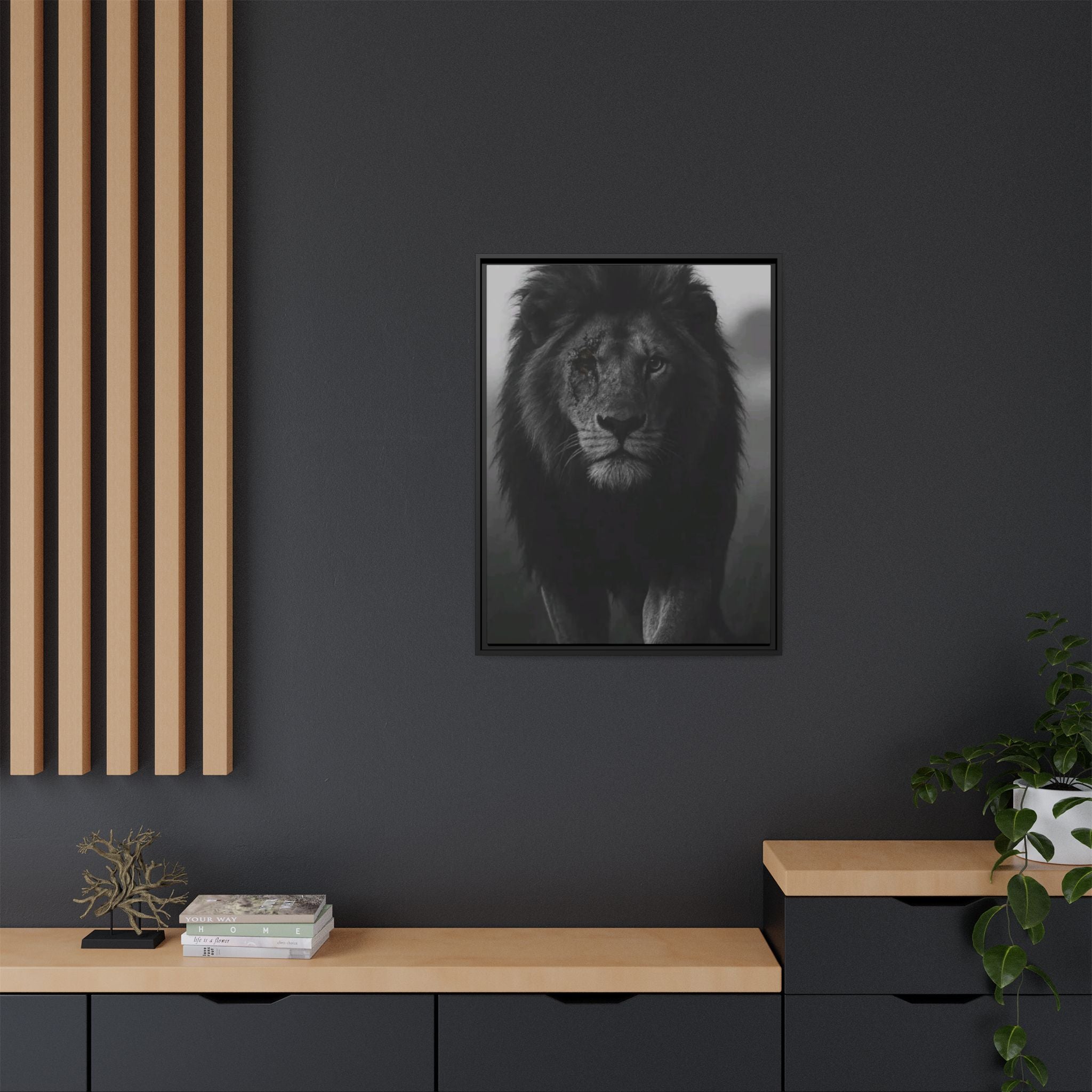 Framed Matte Canvas Lion Wall Art – Black & White Majestic Lion Print