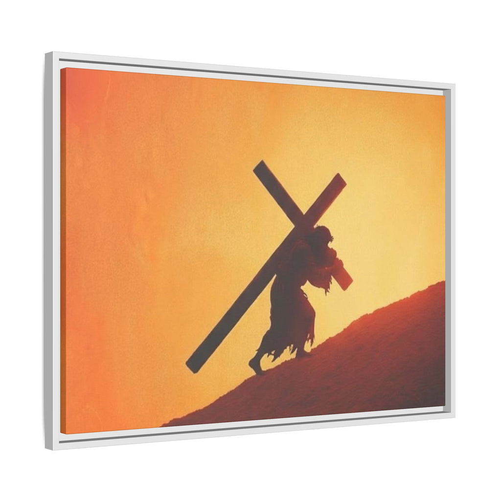 Jesus Christ Carrying Cross Framed Canvas — 'The World On His Shoulder' Sunset Art
