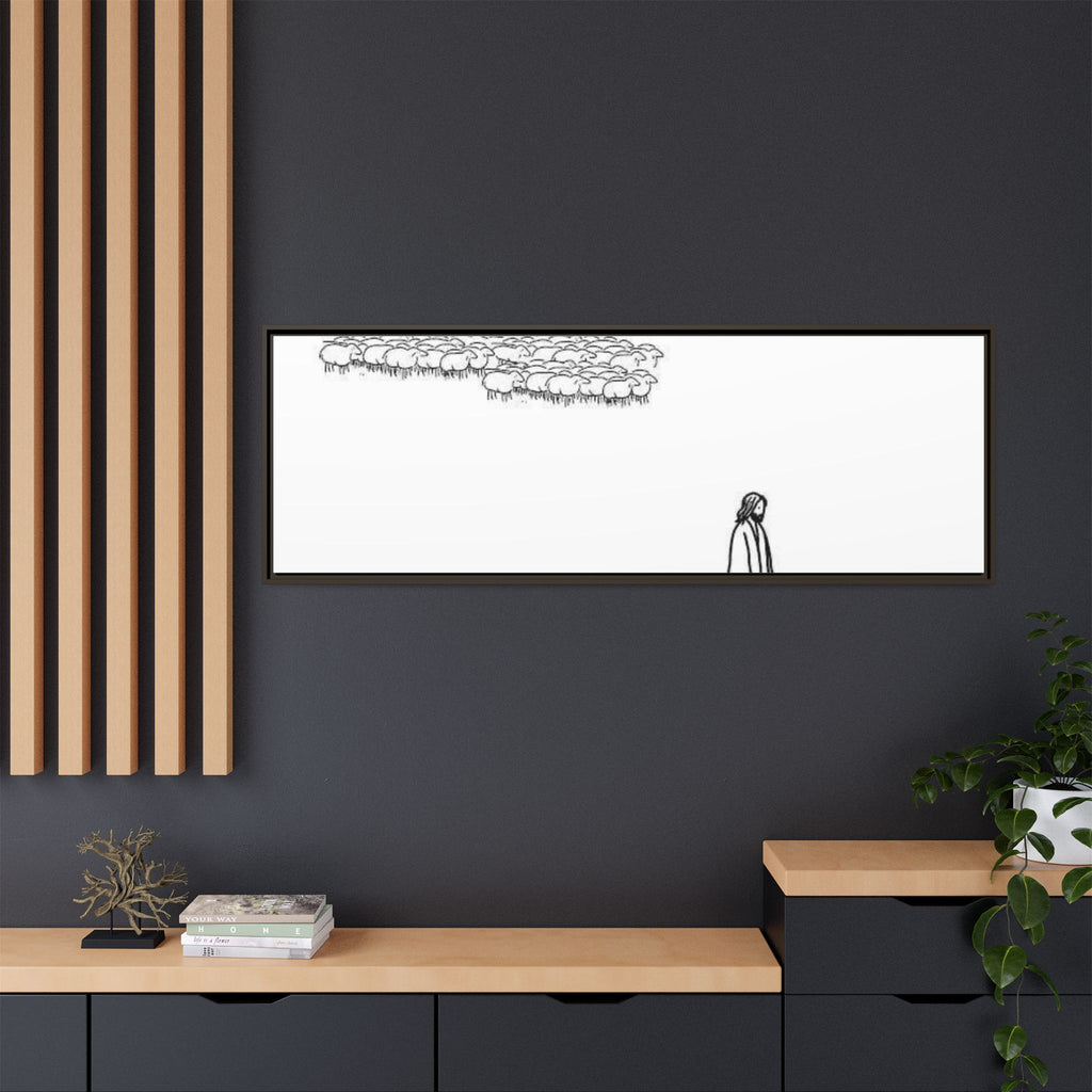 Framed Matte Canvas Print — Minimal The Good Shepherd & Flock Line Art