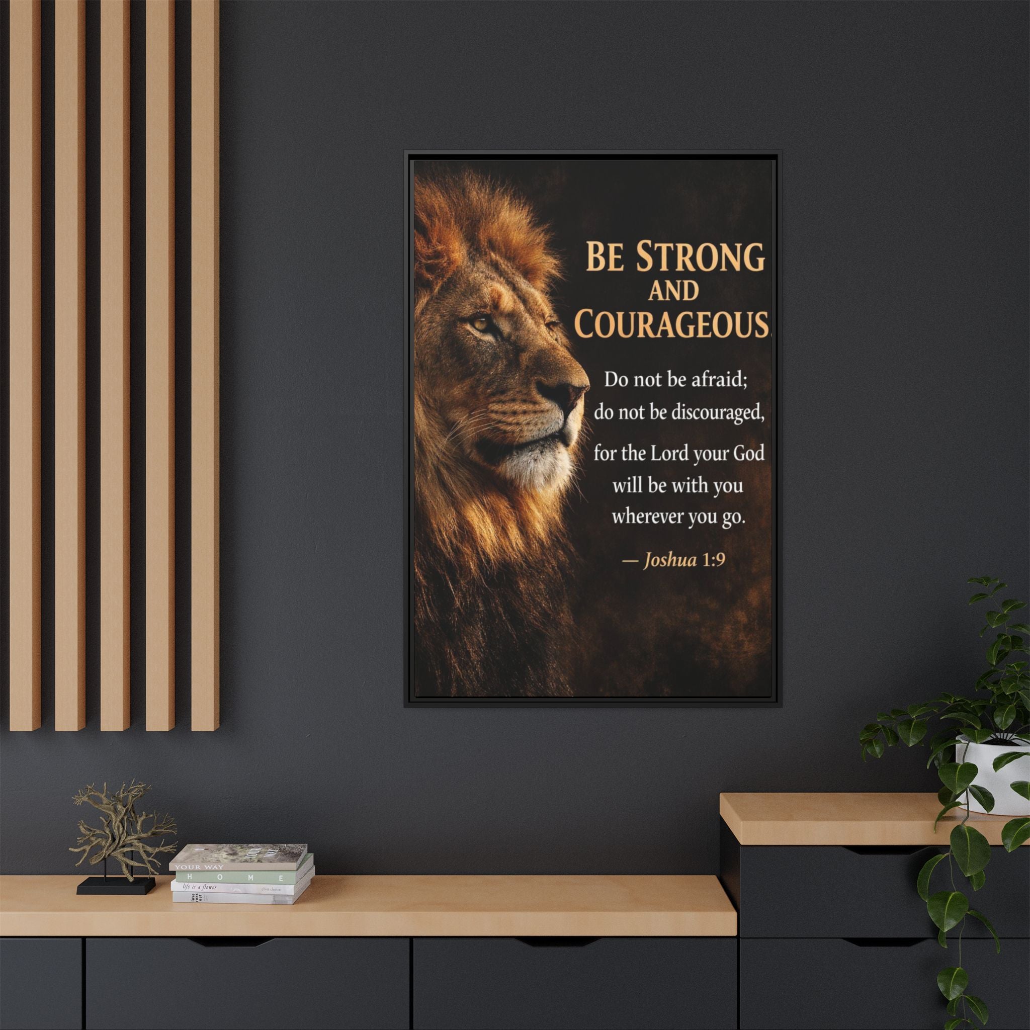 Framed Canvas Wall Art — "Be Strong and Courageous" Lion Joshua 1:9 Inspirational FAITH Art