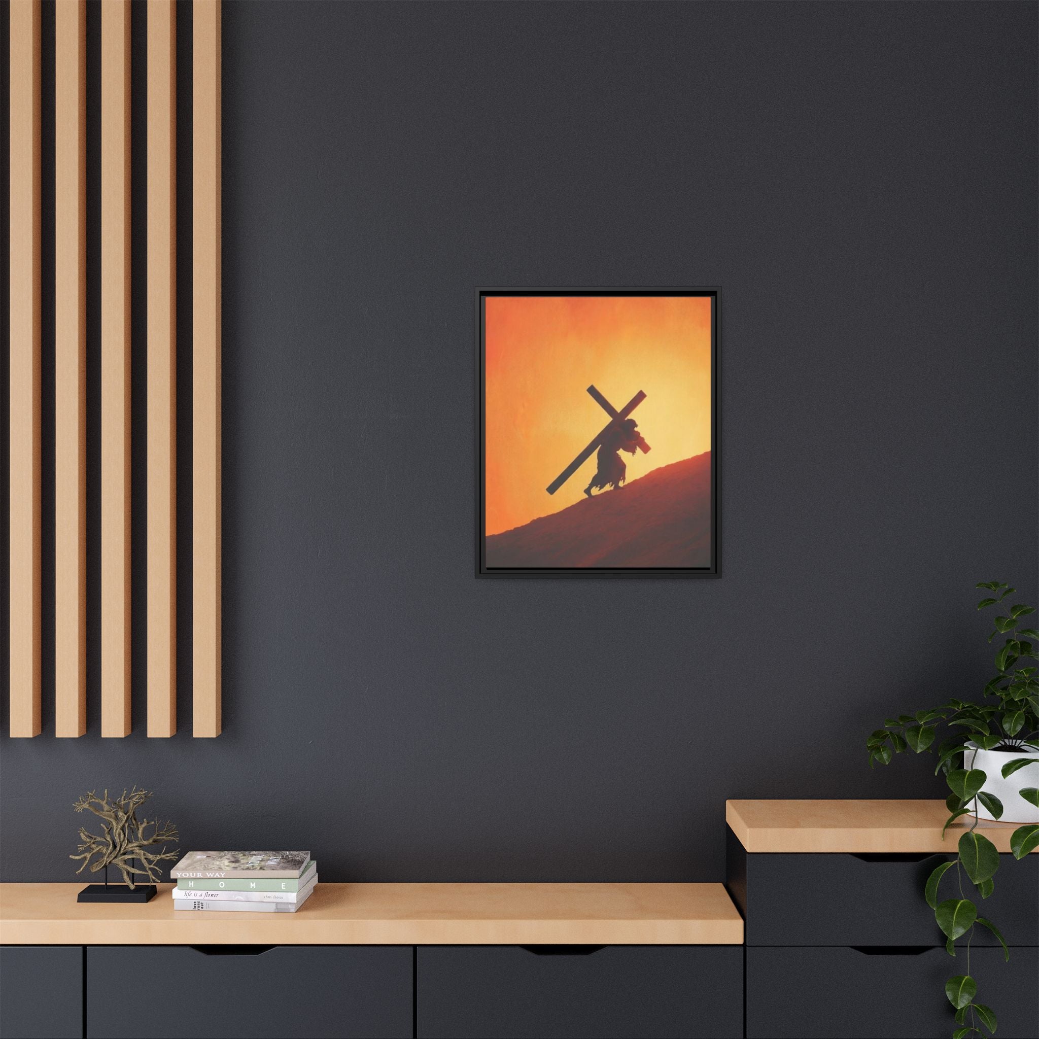 Jesus Christ Carrying Cross Framed Canvas — 'The World On His Shoulder' Sunset Art