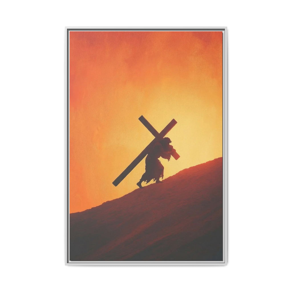 Jesus Christ Carrying Cross Framed Canvas — 'The World On His Shoulder' Sunset Art