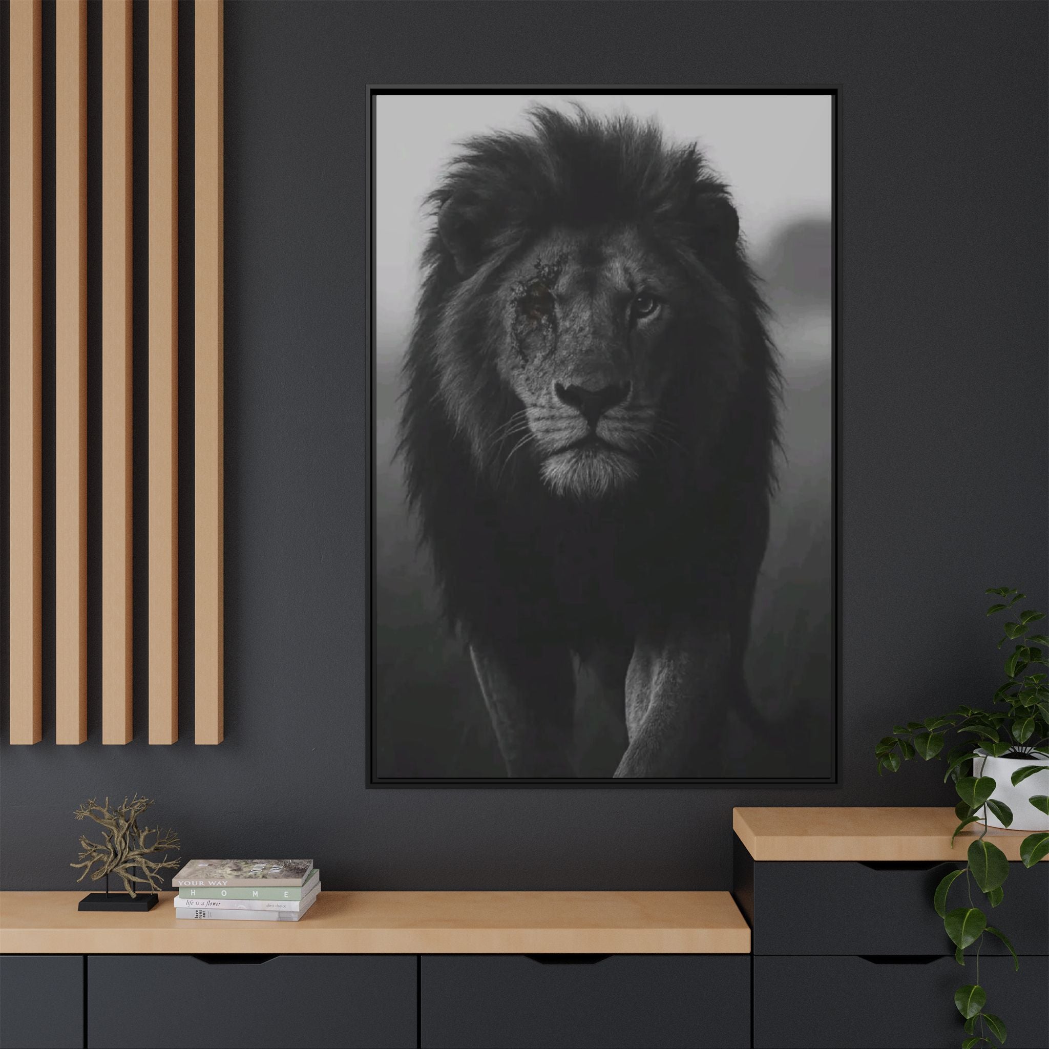 Framed Matte Canvas Lion Wall Art – Black & White Majestic Lion Print