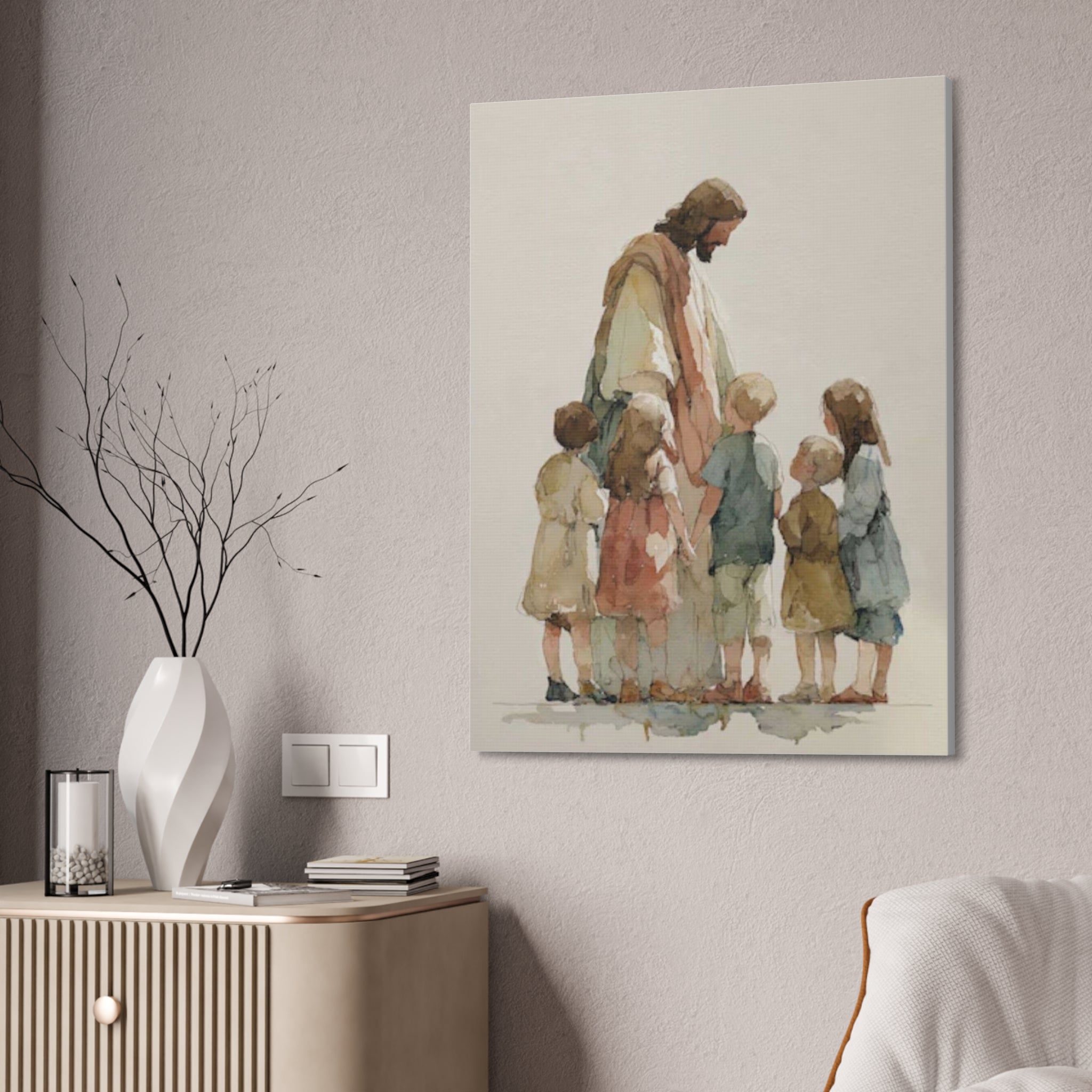 Faithful Father and Children Watercolor Canvas Print — Religious Nursery Wall Art