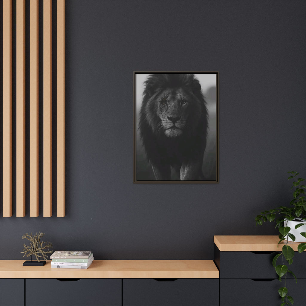 Framed Matte Canvas Lion Wall Art – Black & White Majestic Lion Print