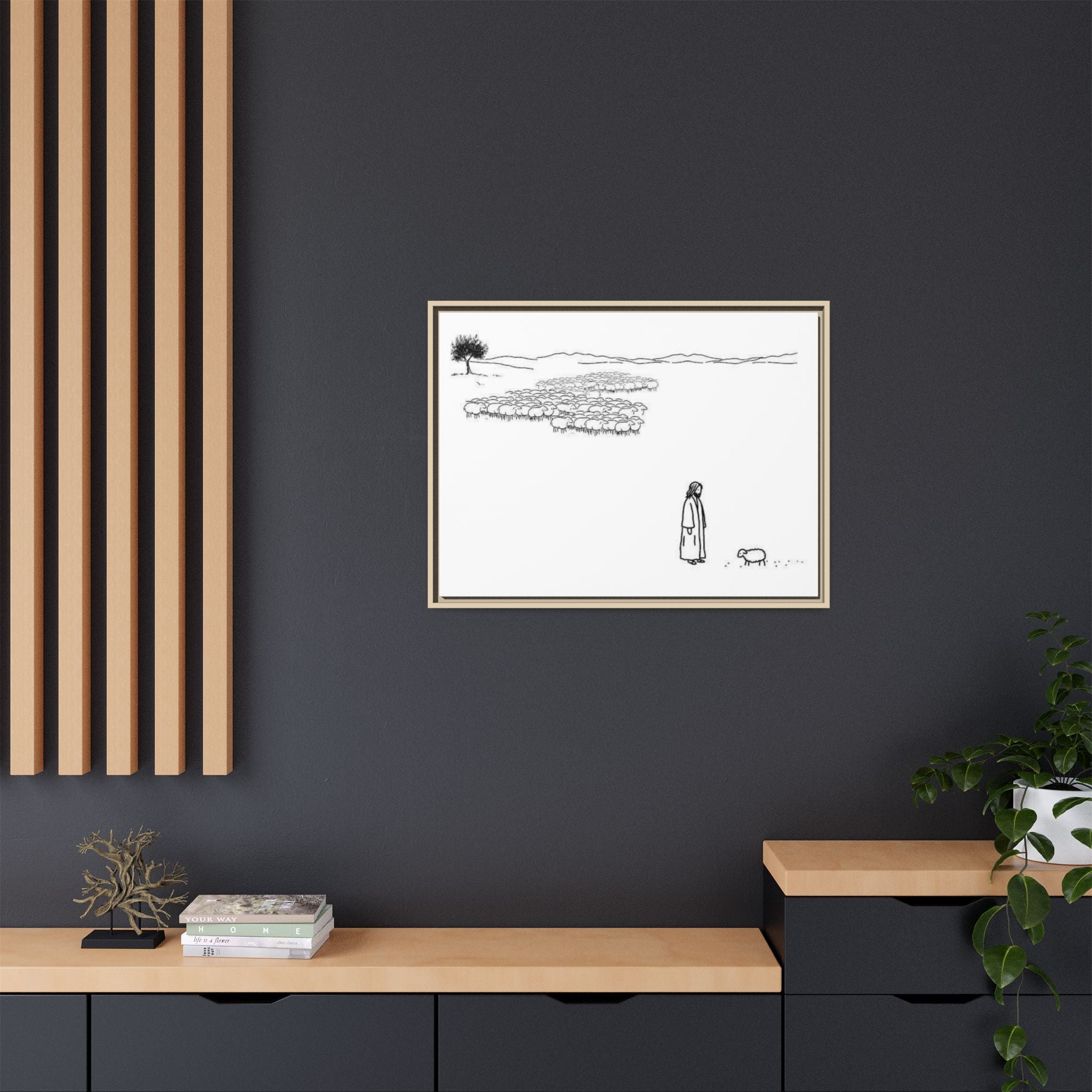 Framed Matte Canvas Print — Minimal The Good Shepherd & Flock Line Art
