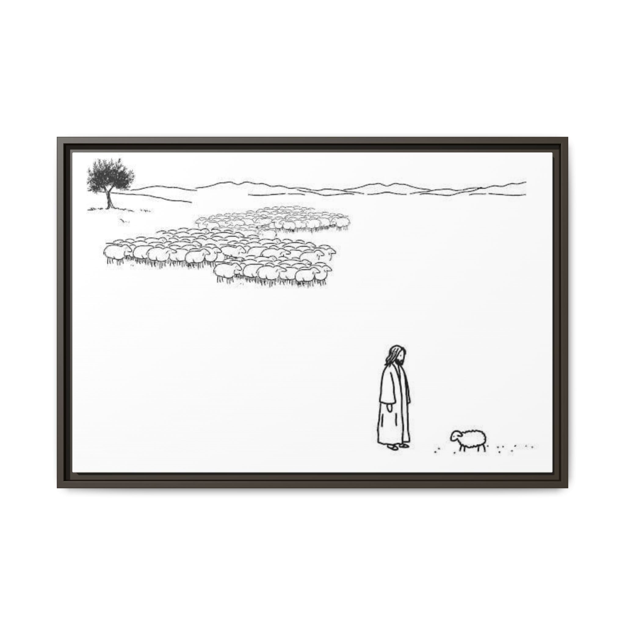 Framed Matte Canvas Print — Minimal The Good Shepherd & Flock Line Art
