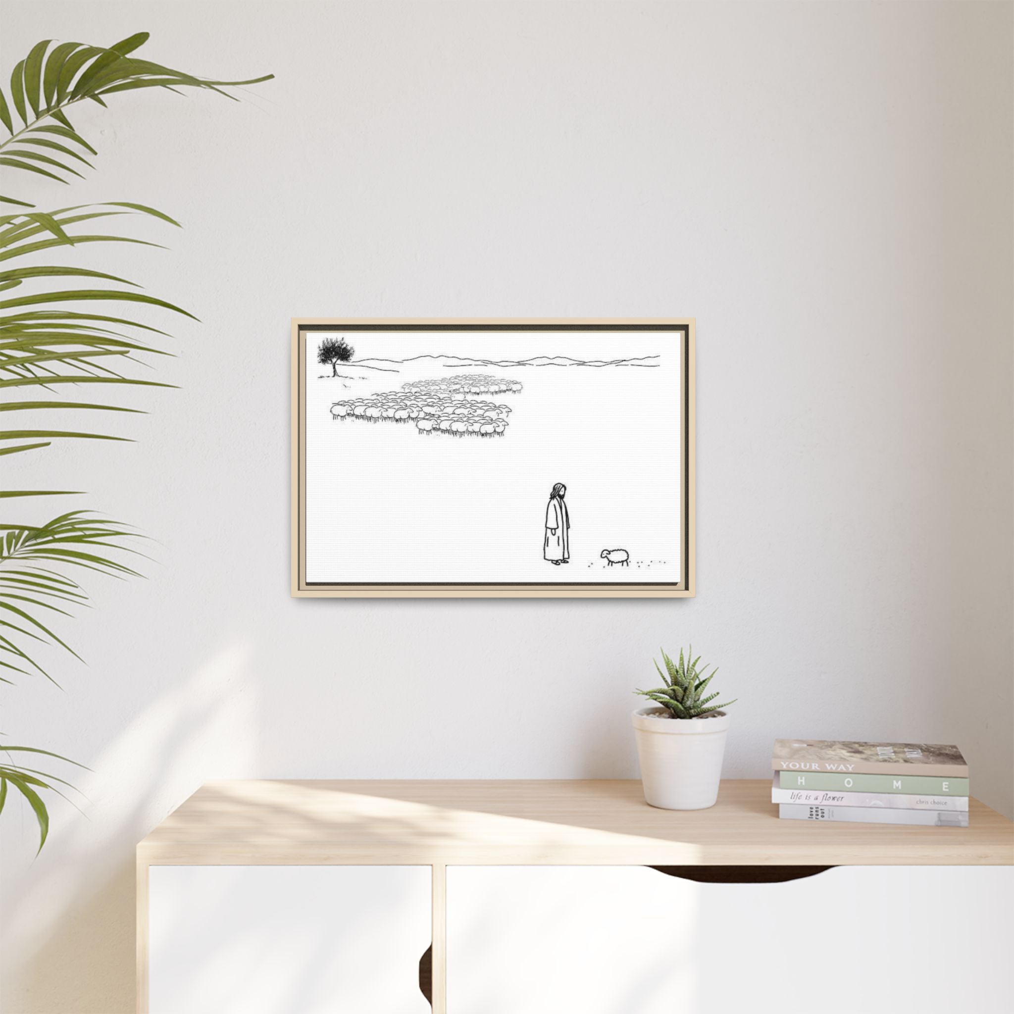 Framed Matte Canvas Print — Minimal The Good Shepherd & Flock Line Art