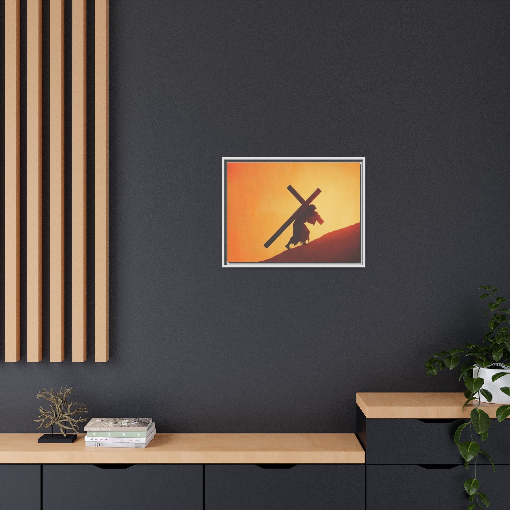 Jesus Christ Carrying Cross Framed Canvas — 'The World On His Shoulder' Sunset Art
