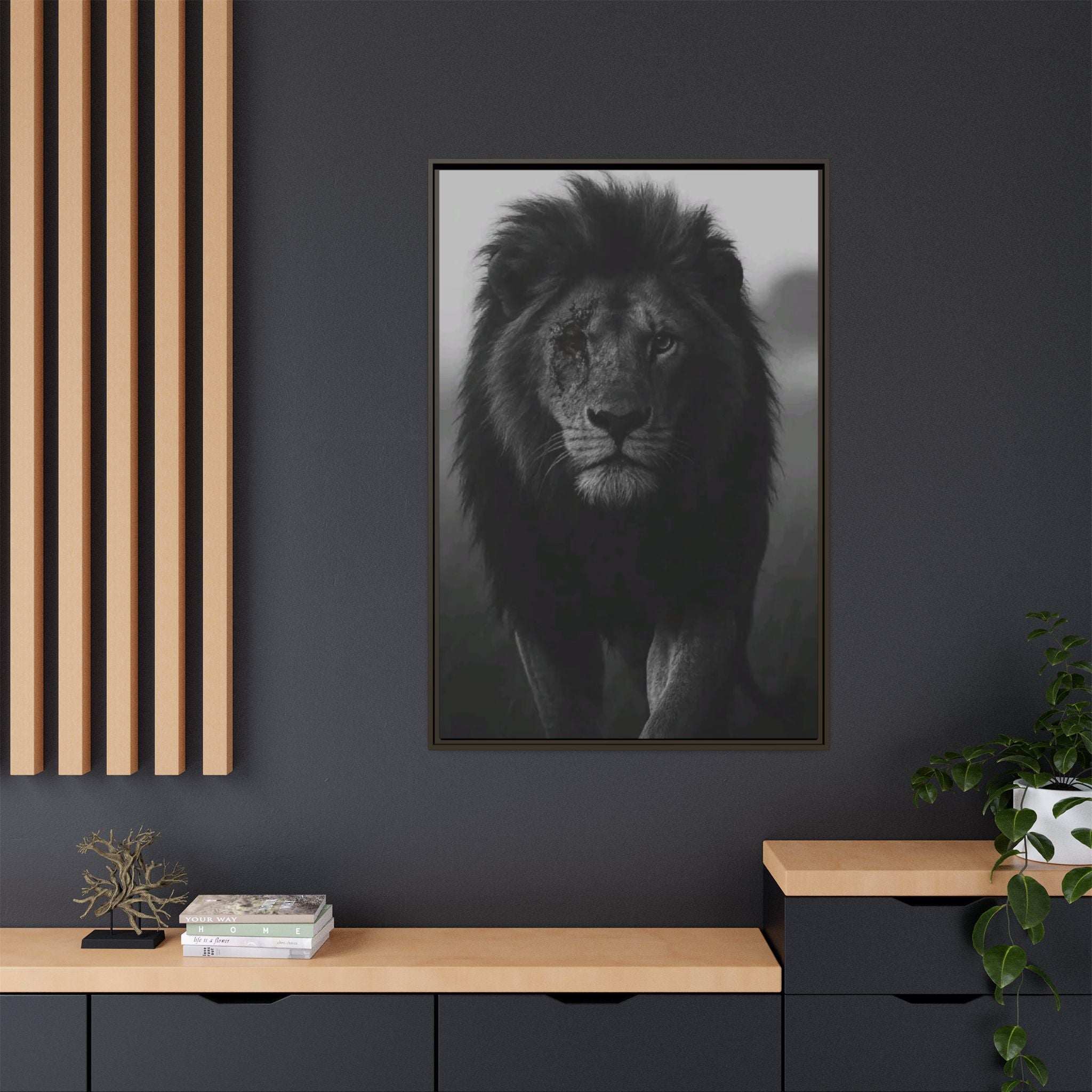 Framed Matte Canvas Lion Wall Art – Black & White Majestic Lion Print