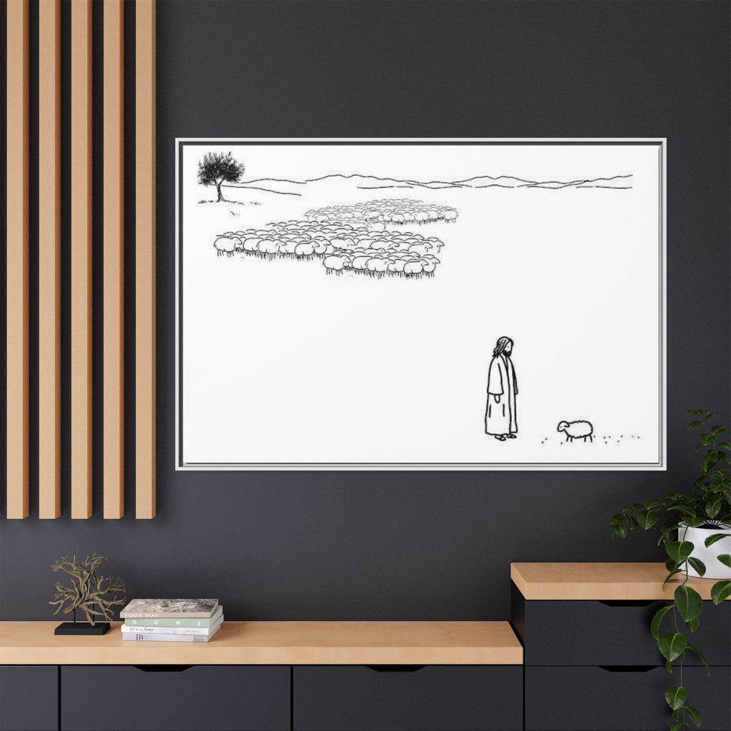 Framed Matte Canvas Print — Minimal The Good Shepherd & Flock Line Art