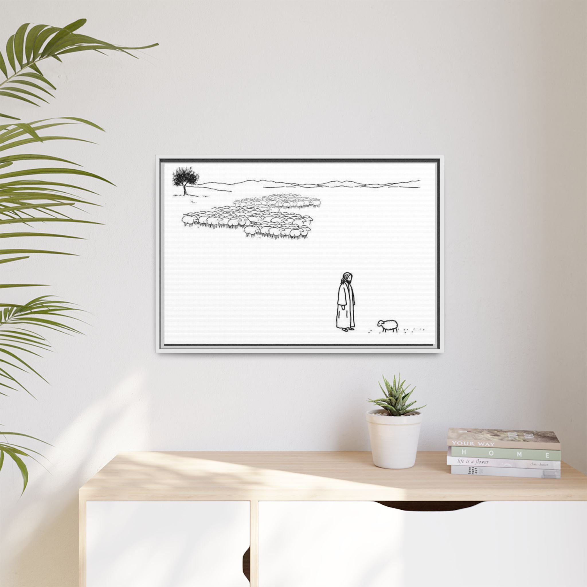 Framed Matte Canvas Print — Minimal The Good Shepherd & Flock Line Art