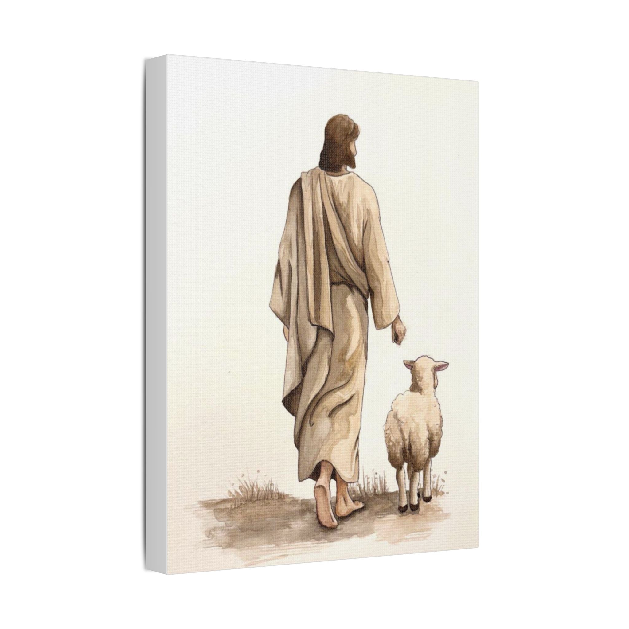Jesus with Lamb Satin Canvas Wall Art – Christian Religious Stretched Canvas