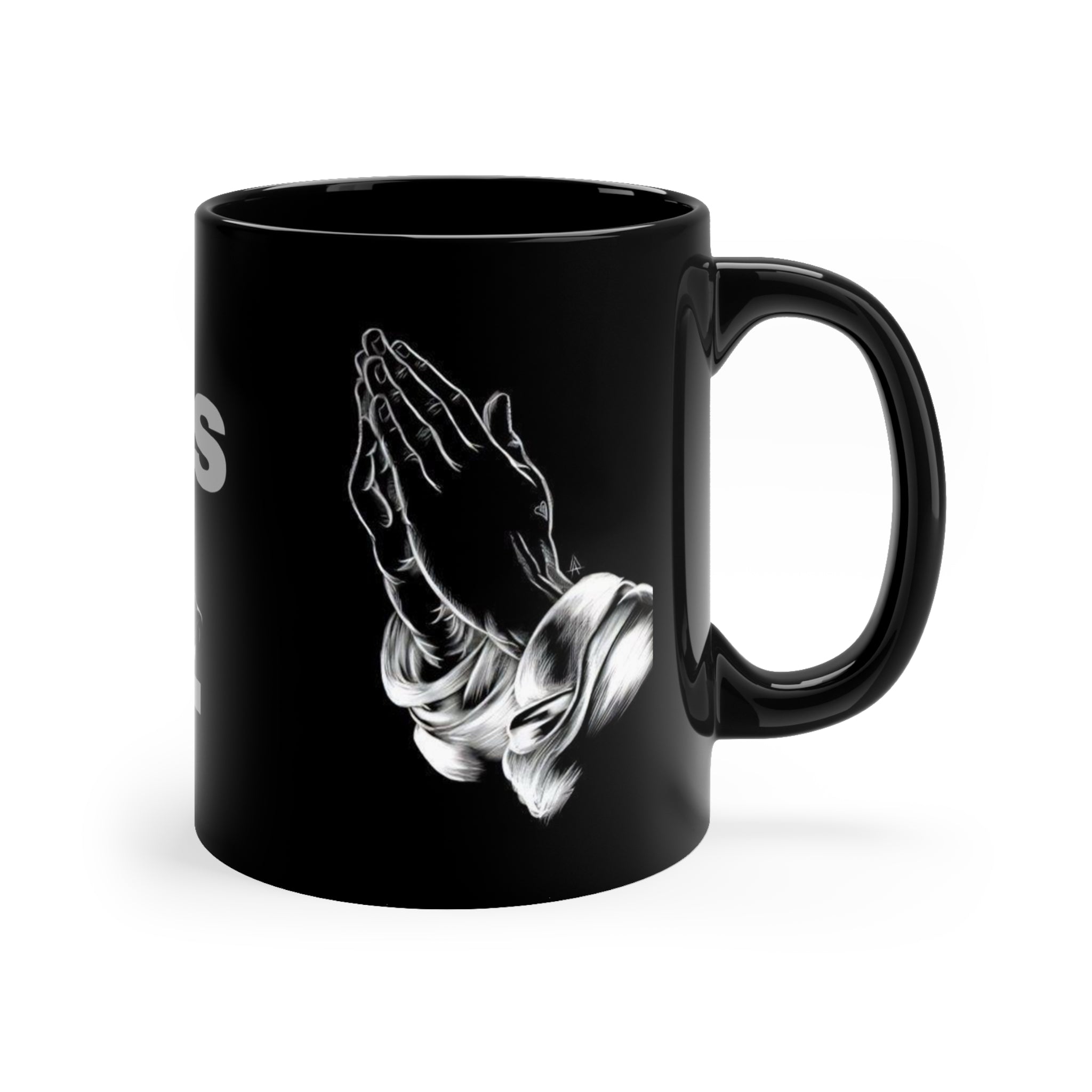 Prayer Hands Coffee Mug — "Always Pray." Black 11oz Inspirational Mug