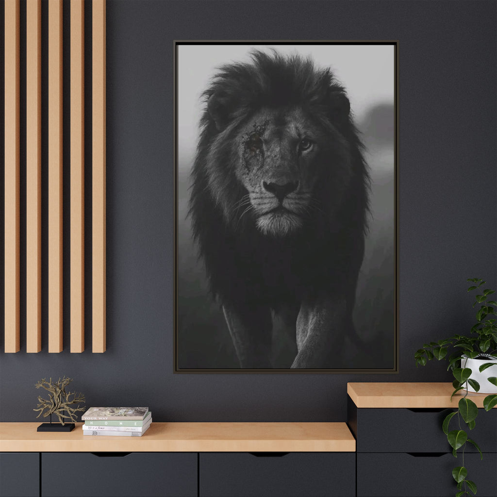 Framed Matte Canvas Lion Wall Art – Black & White Majestic Lion Print