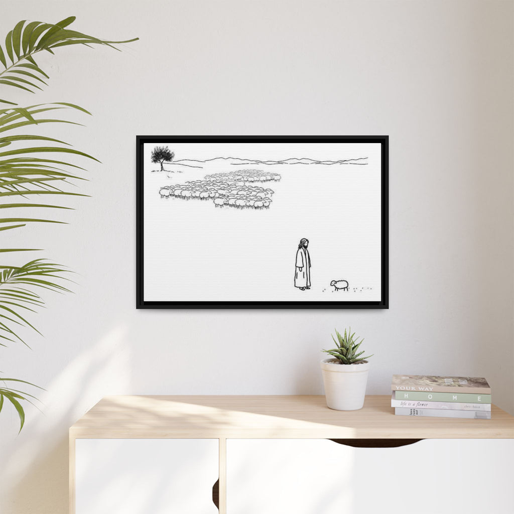 Framed Matte Canvas Print — Minimal The Good Shepherd & Flock Line Art