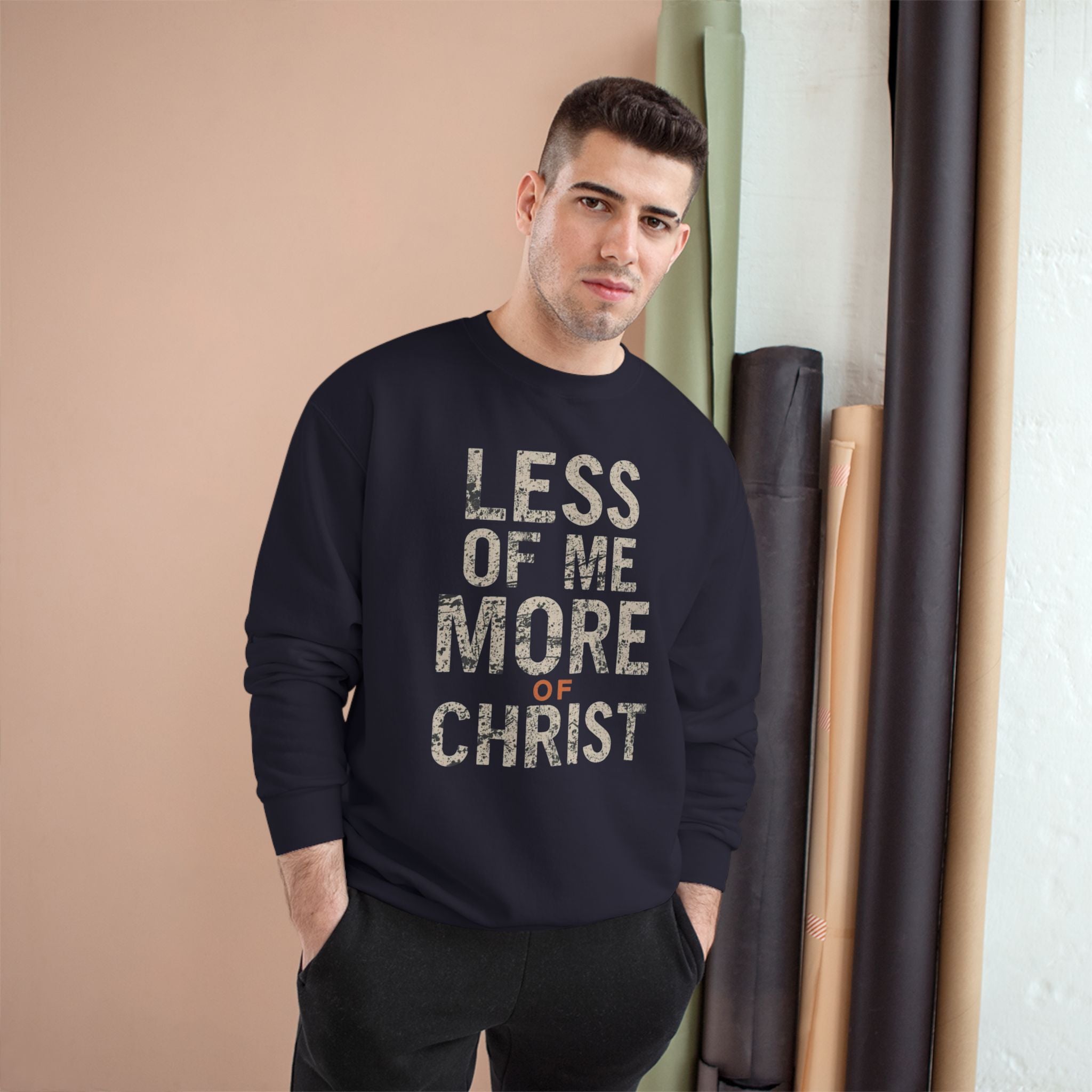 Christian Sweatshirt — "Less of Me, More of Christ" Inspirational Crewneck