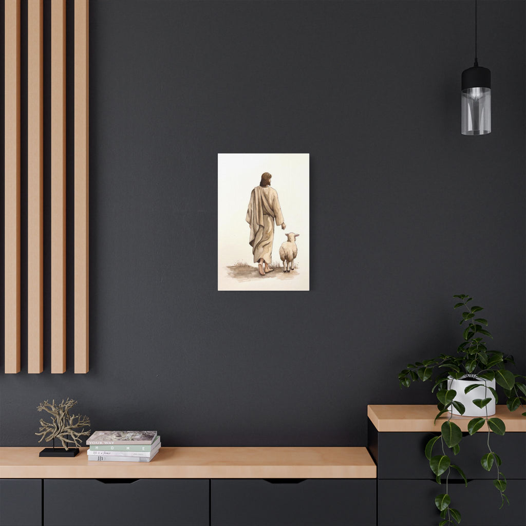 Jesus with Lamb Satin Canvas Wall Art – Christian Religious Stretched Canvas