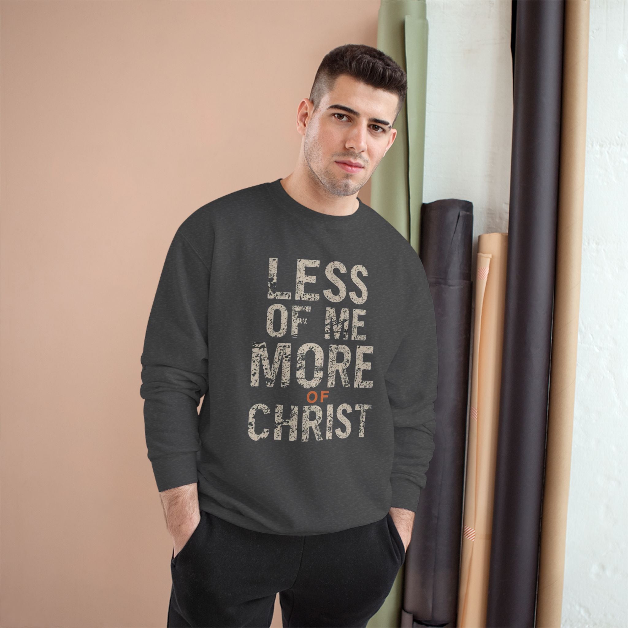 Christian Sweatshirt — "Less of Me, More of Christ" Inspirational Crewneck