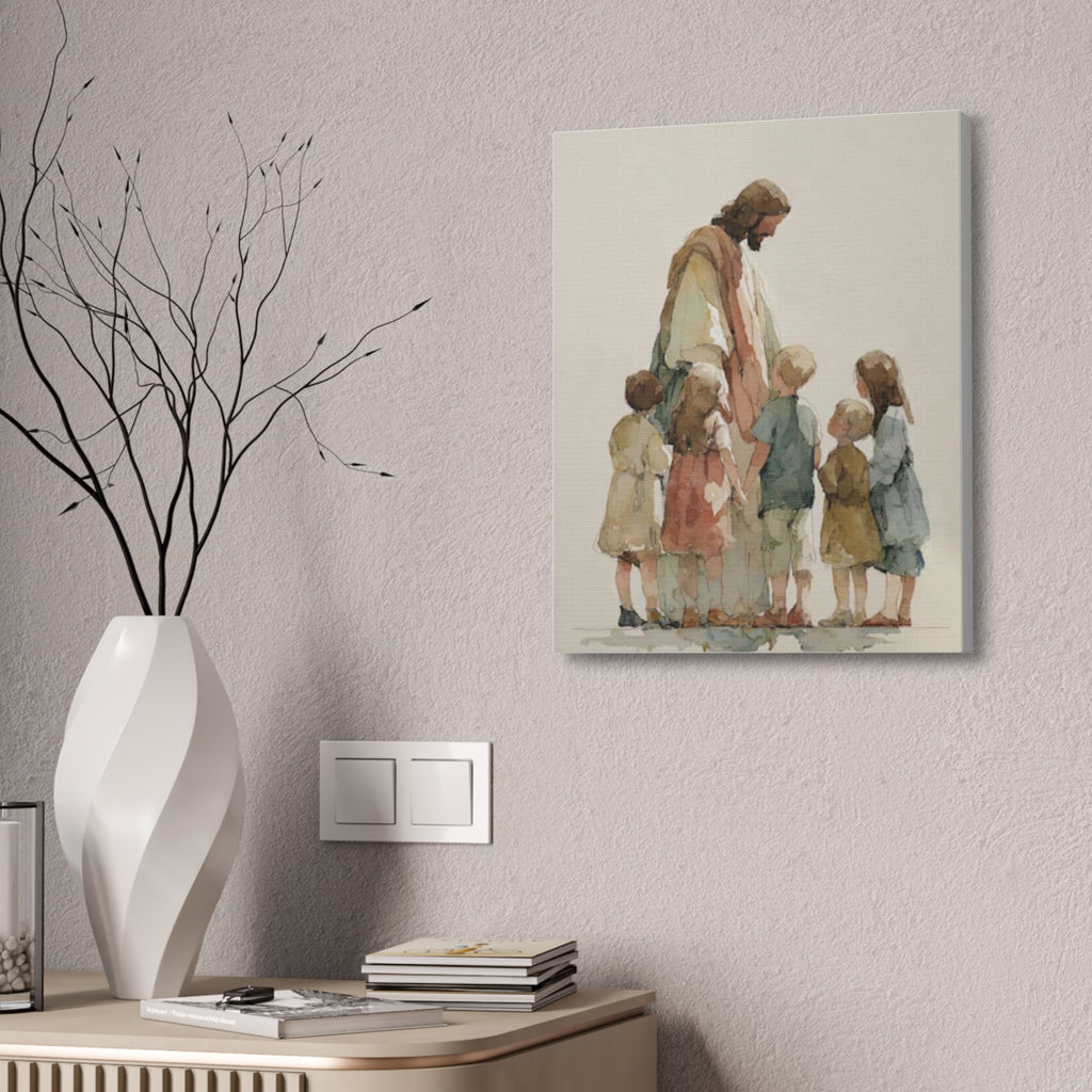 Faithful Father and Children Watercolor Canvas Print — Religious Nursery Wall Art