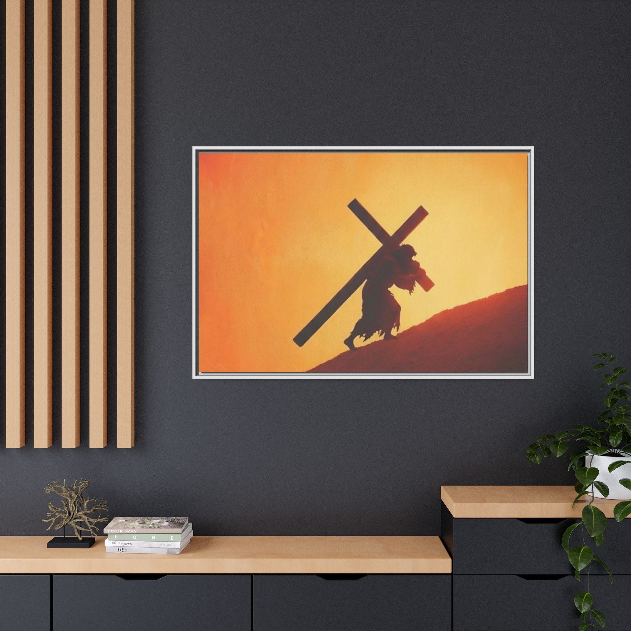 Jesus Christ Carrying Cross Framed Canvas — 'The World On His Shoulder' Sunset Art