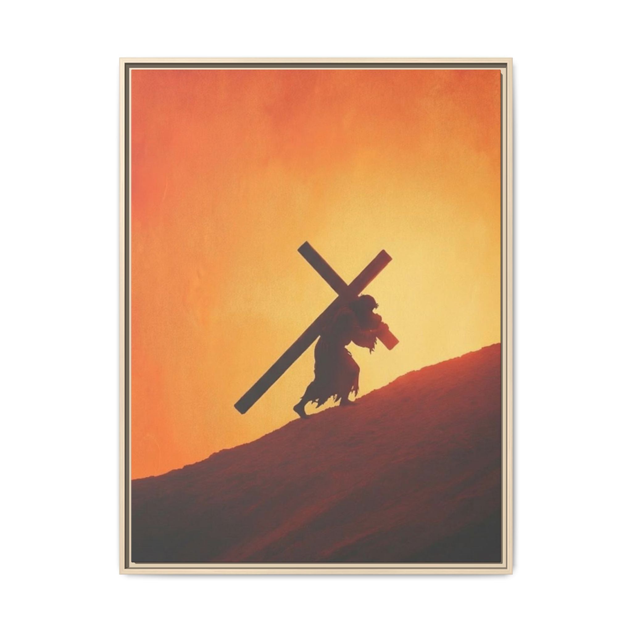 Jesus Christ Carrying Cross Framed Canvas — 'The World On His Shoulder' Sunset Art