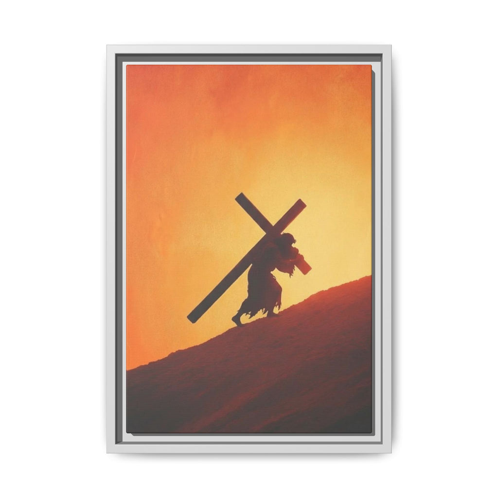 Jesus Christ Carrying Cross Framed Canvas — 'The World On His Shoulder' Sunset Art