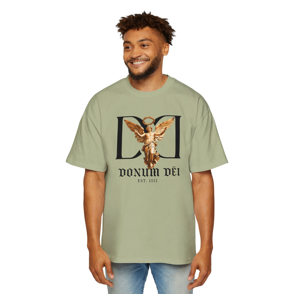 Donum Dei Angel Graphic Tee — Vintage Roman Lettering Men’s Oversized T‑Shirt
