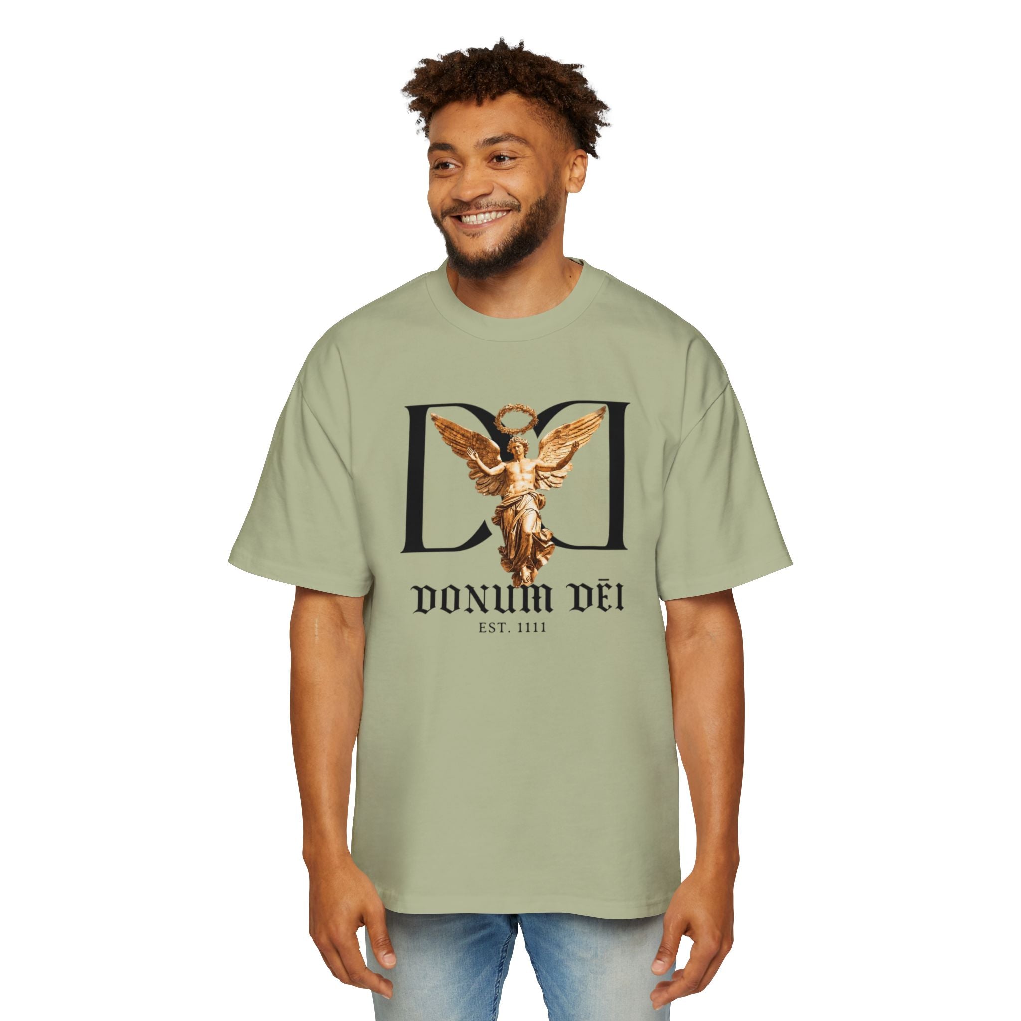 Donum Dei Angel Graphic Tee — Vintage Roman Lettering Men’s Oversized T‑Shirt