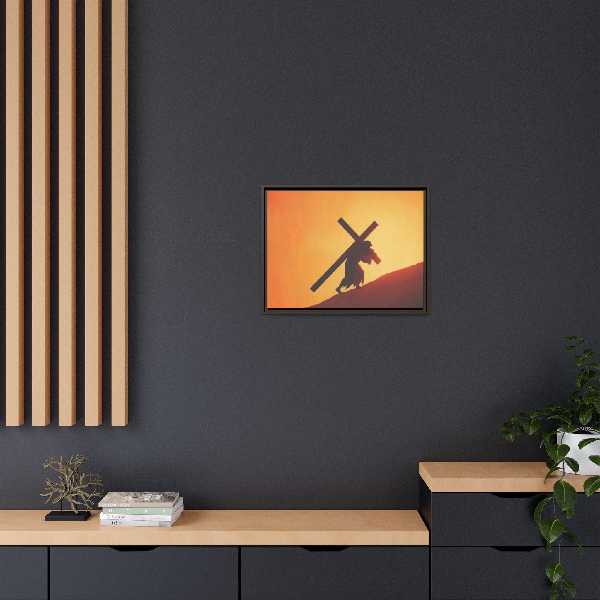 Jesus Christ Carrying Cross Framed Canvas — 'The World On His Shoulder' Sunset Art