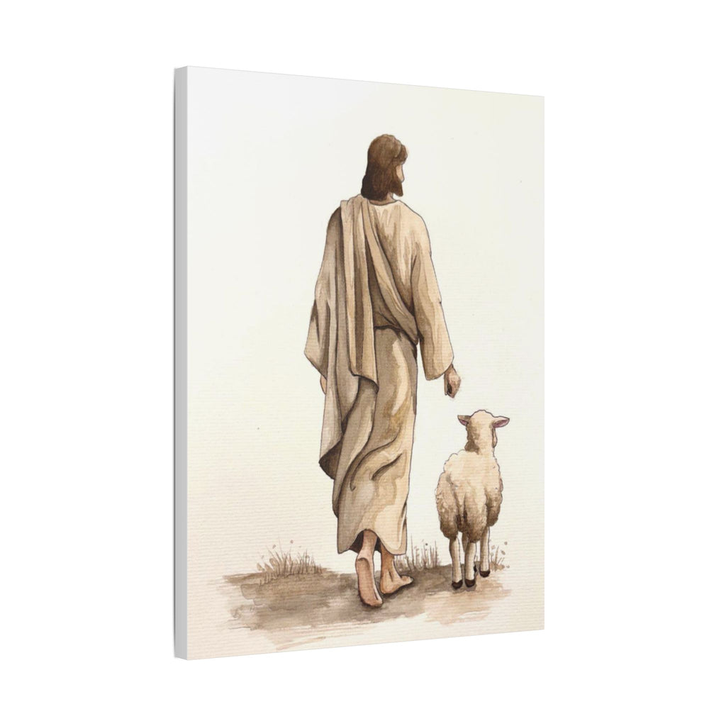Jesus with Lamb Satin Canvas Wall Art – Christian Religious Stretched Canvas