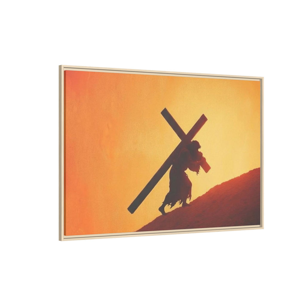Jesus Christ Carrying Cross Framed Canvas — 'The World On His Shoulder' Sunset Art