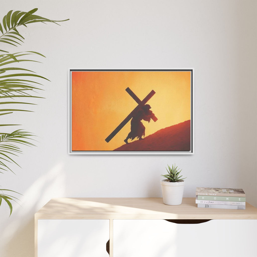 Jesus Christ Carrying Cross Framed Canvas — 'The World On His Shoulder' Sunset Art