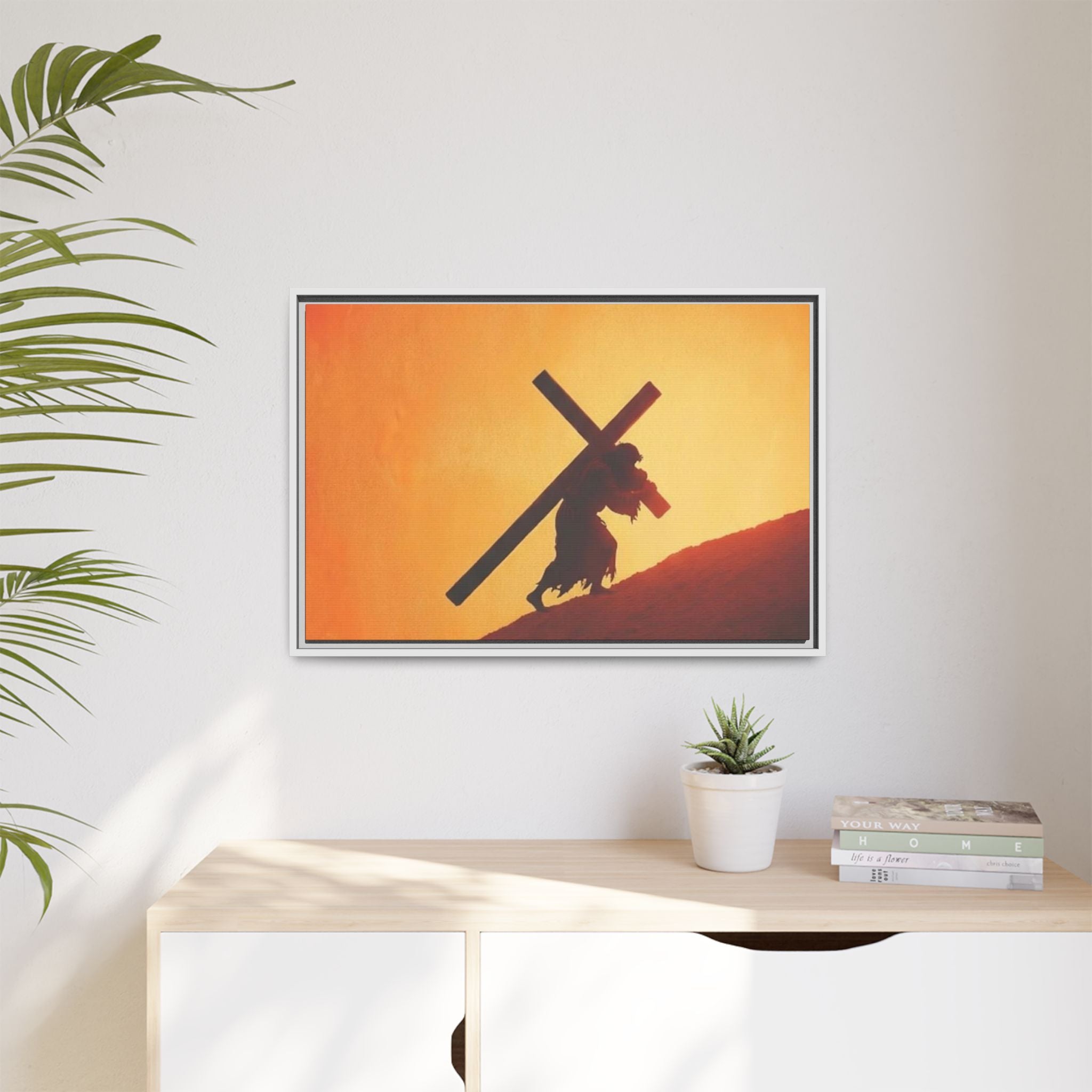 Jesus Christ Carrying Cross Framed Canvas — 'The World On His Shoulder' Sunset Art