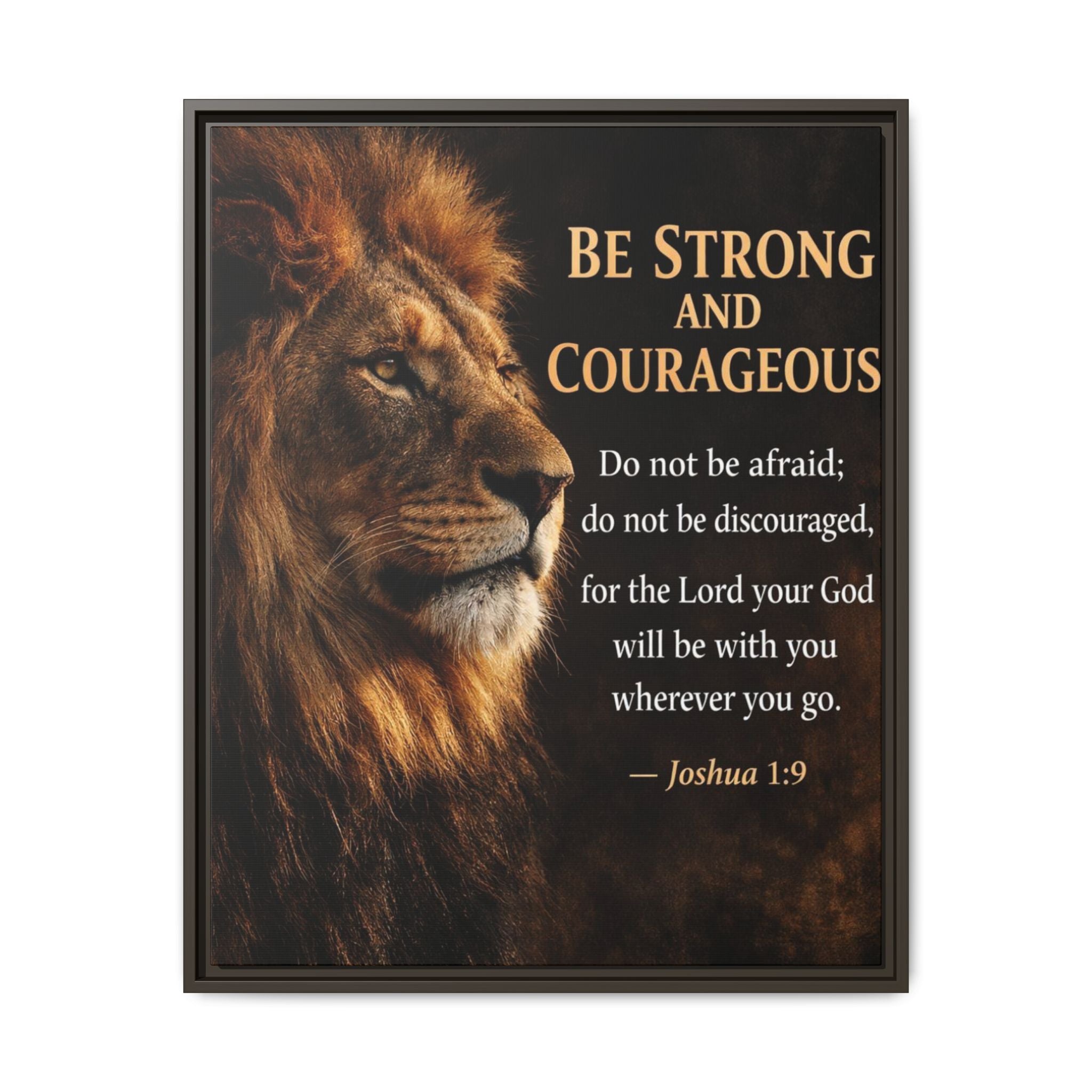 Framed Lion Canvas Print - "Be Strong and Courageous" Joshua 1:9 Inspirational Wall Art