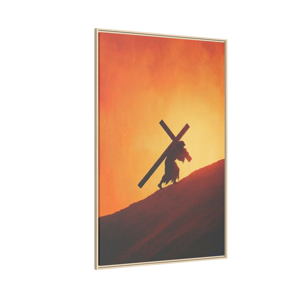 Jesus Christ Carrying Cross Framed Canvas — 'The World On His Shoulder' Sunset Art